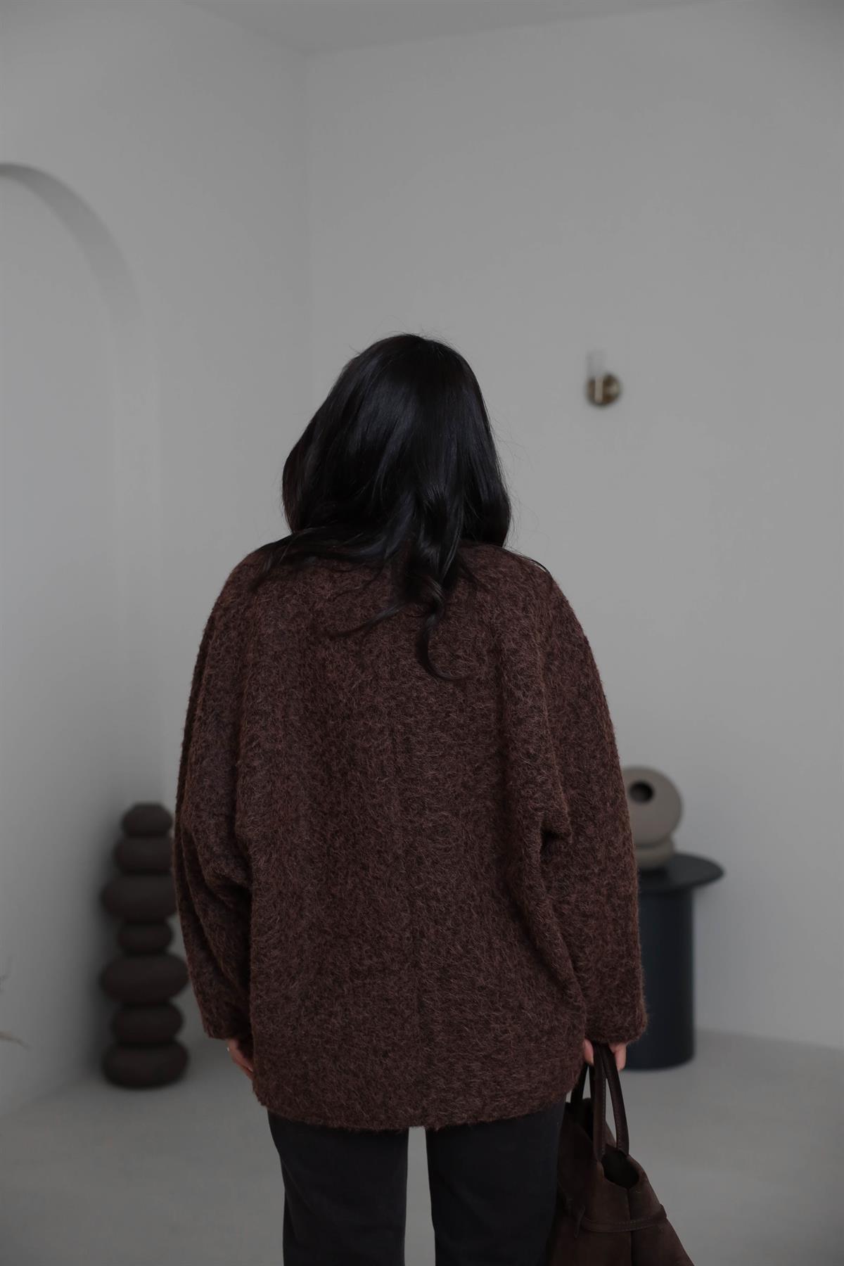 8989 Önü Bağlamalı Oversize Keçe Ceket KAHVE