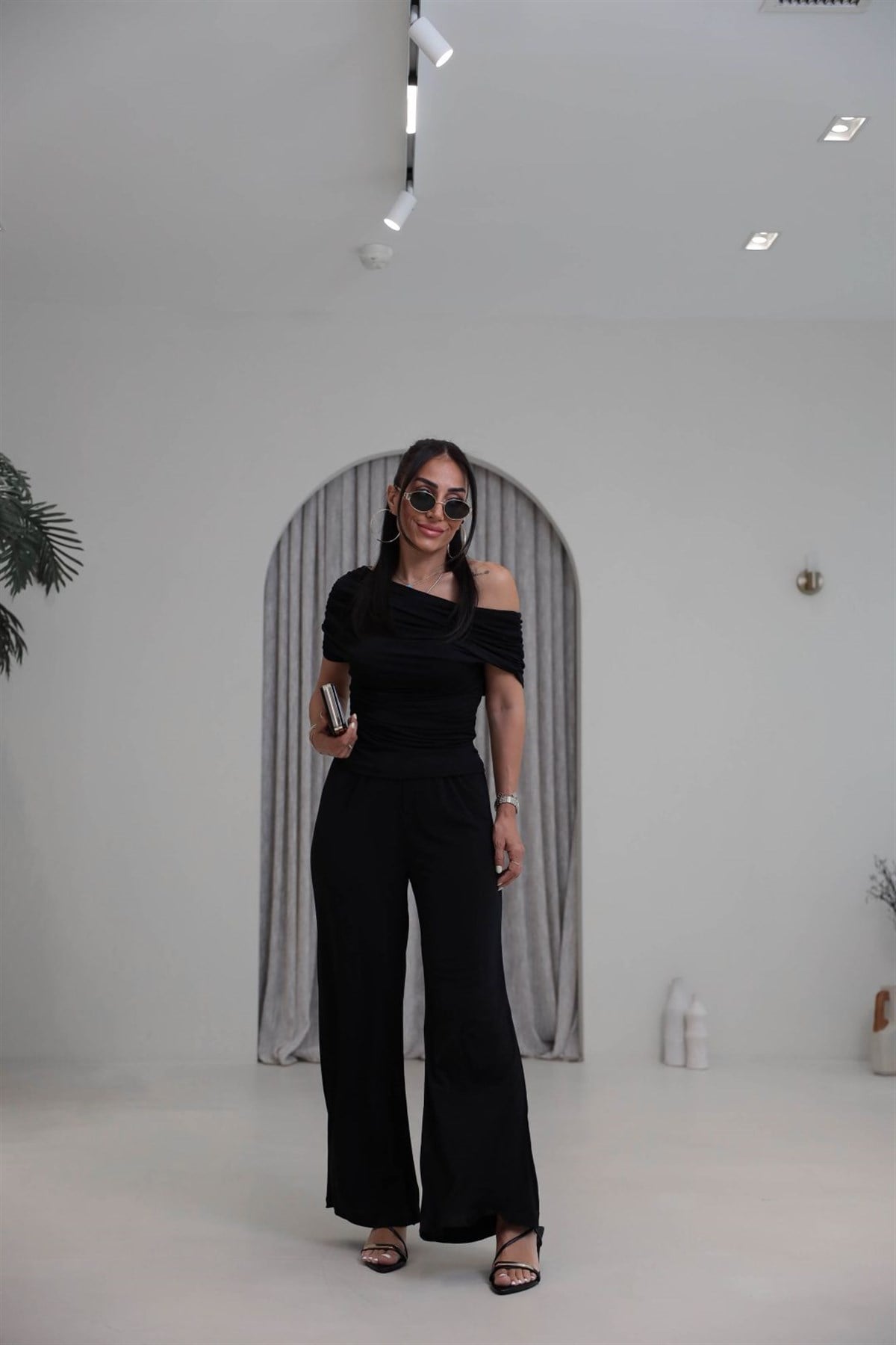 5388 Dökümlü Drapeli Sandy Bluz Pantolon Takım SİYAH