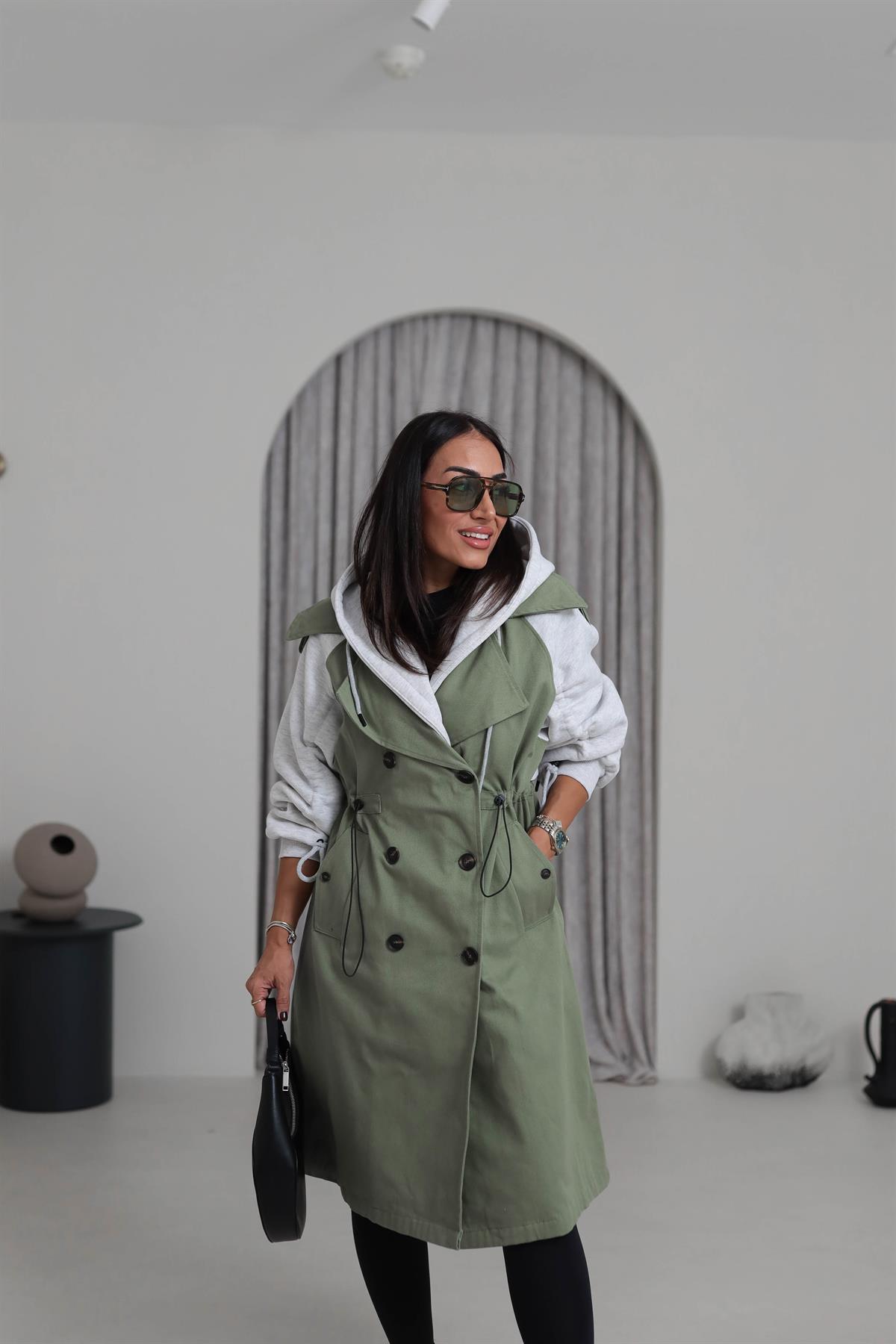 0534 Kolları Kalın Penye Garnili Trençkot HAKİ YEŞİL