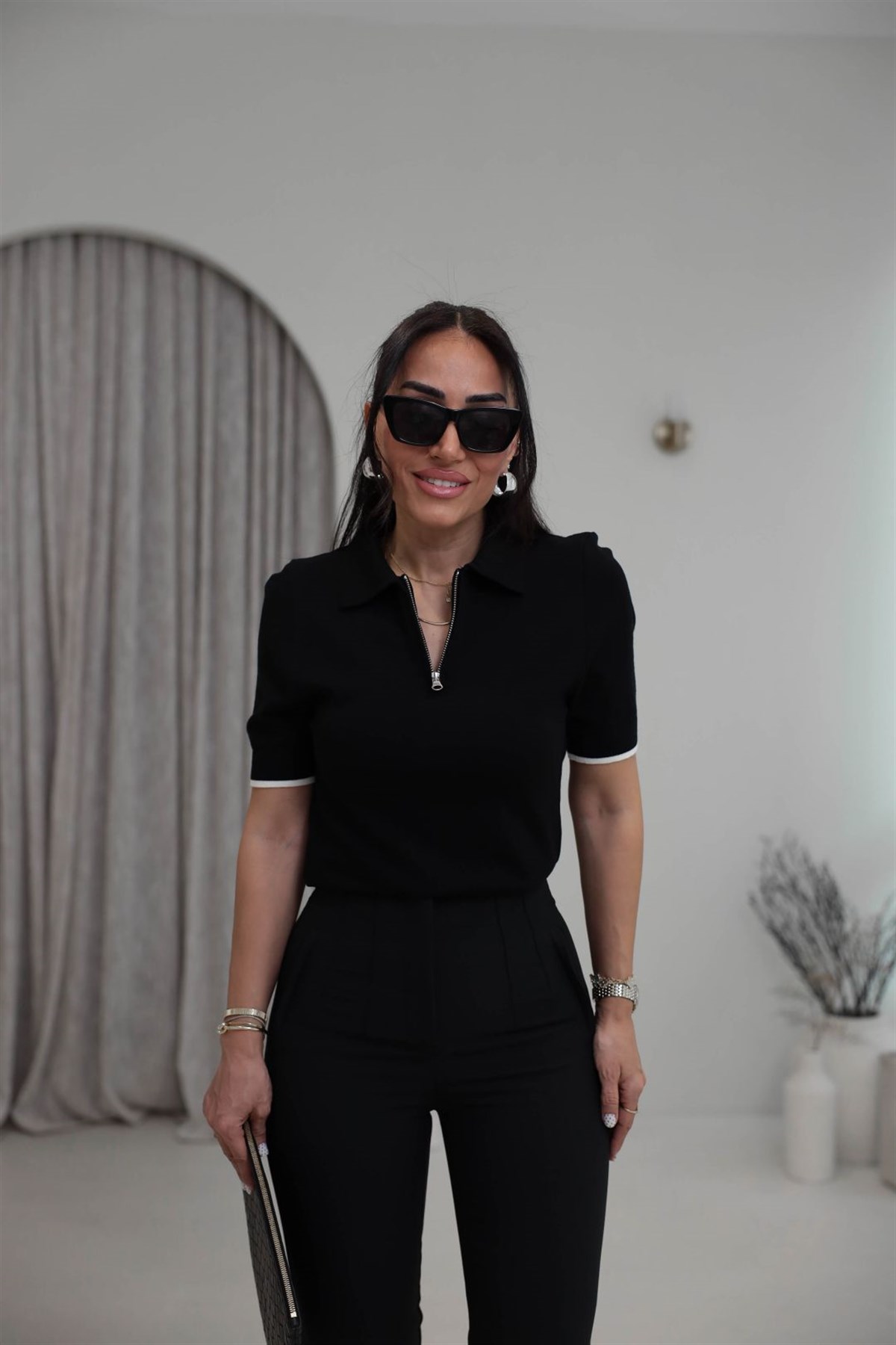 0169 Polo Yaka Fermuarlı Kontrastlı Triko Bluz SİYAH