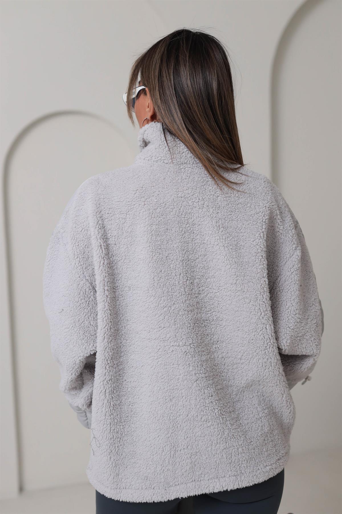 Yarım Fermuarlı Paraşüt Kumaş Detaylı Sweatshirt GRİ
