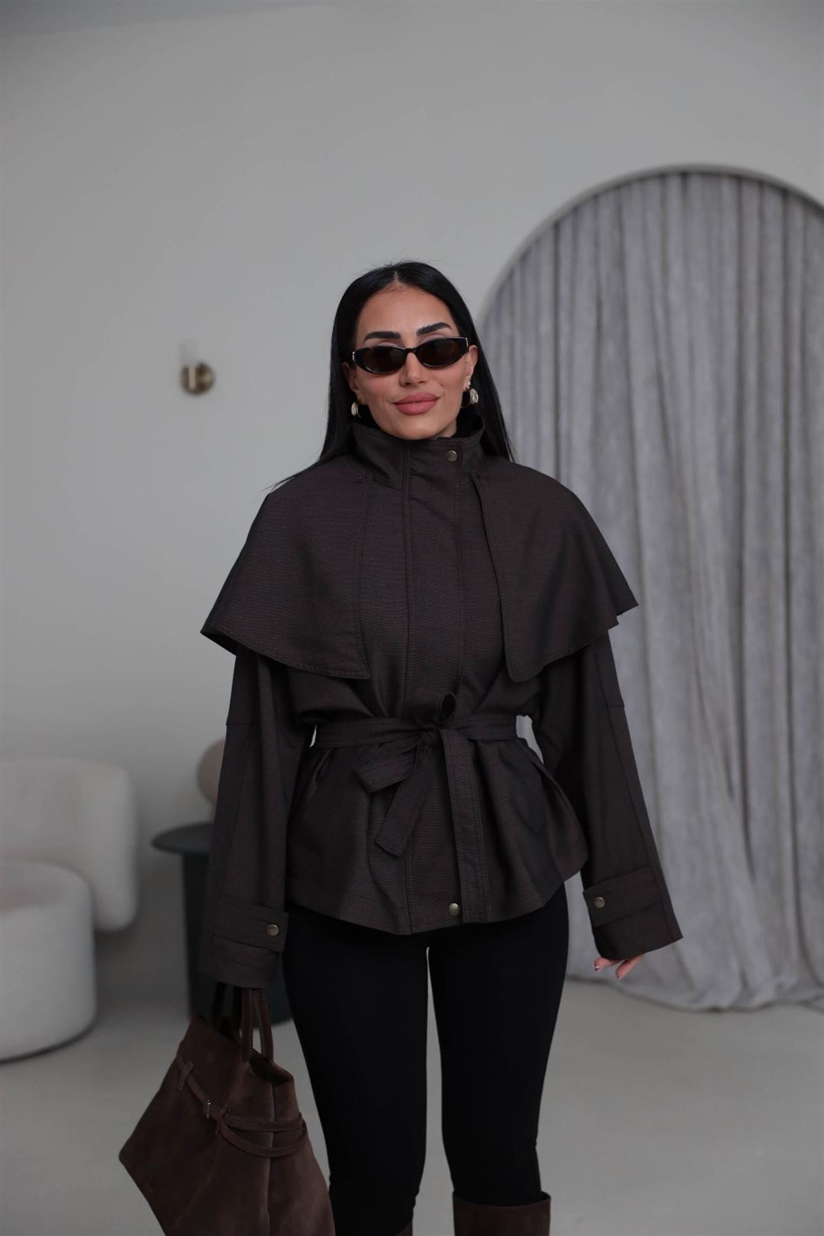 6954 Pelerinli Kuşaklı Fermuarlı Ceket ACI KAHVE