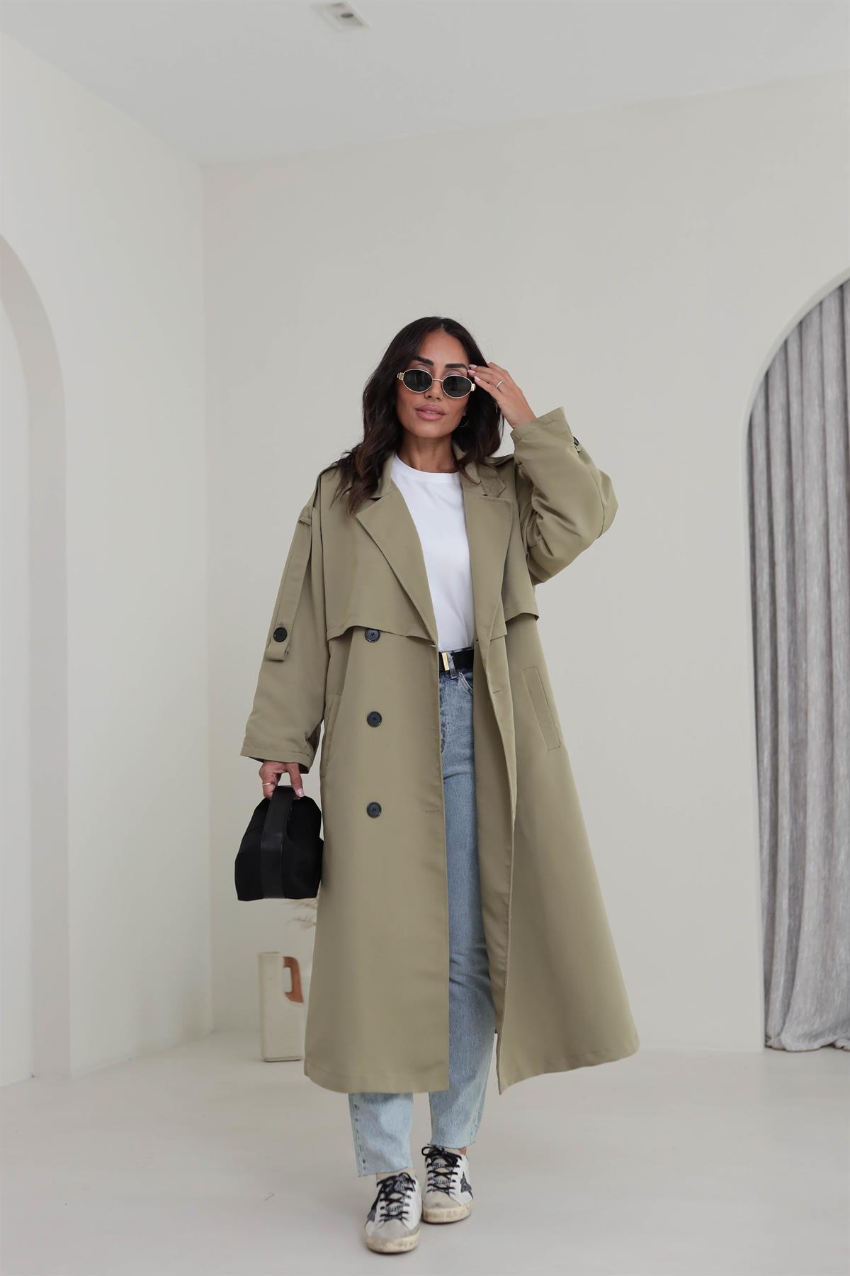 2020 Apoletli Kuşaklı Uzun Trençkot HAKİ YEŞİL