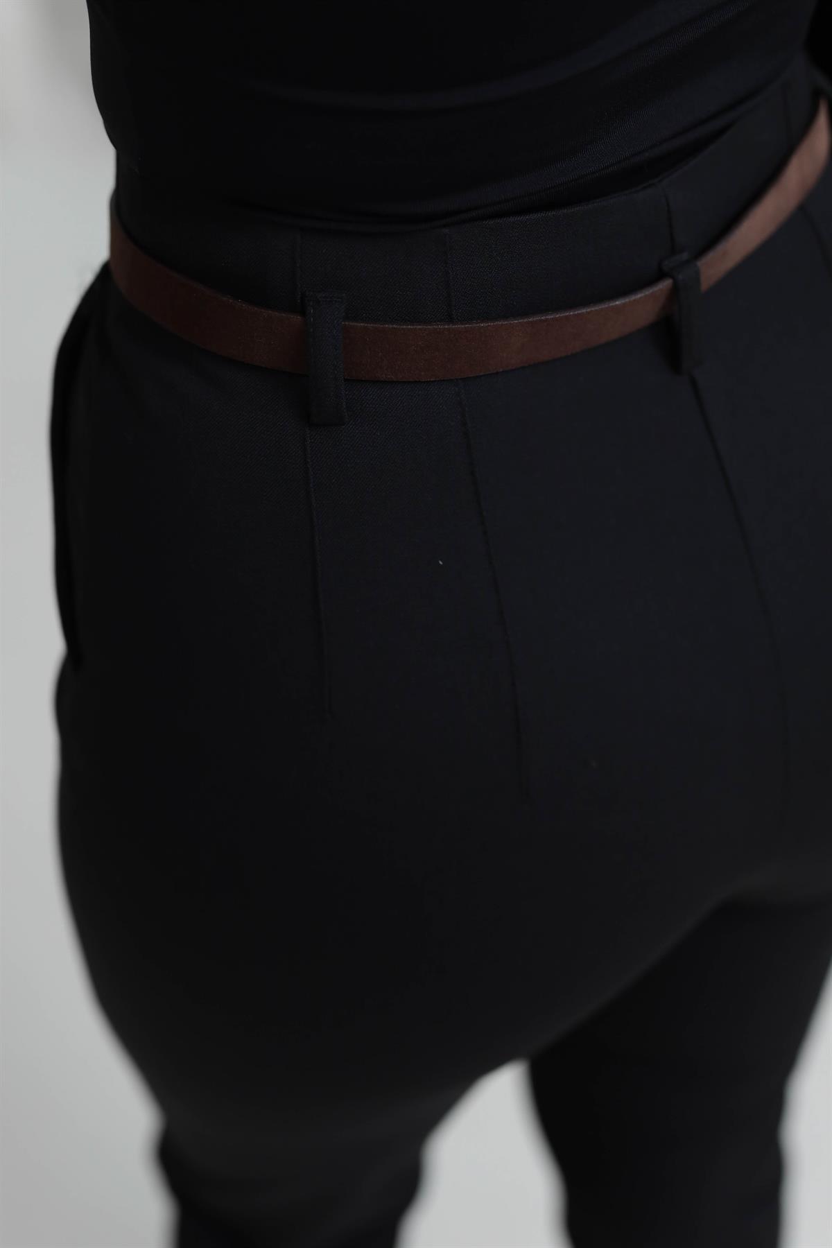 2181 Kemerli Yüksek Bel Pantolon SİYAH