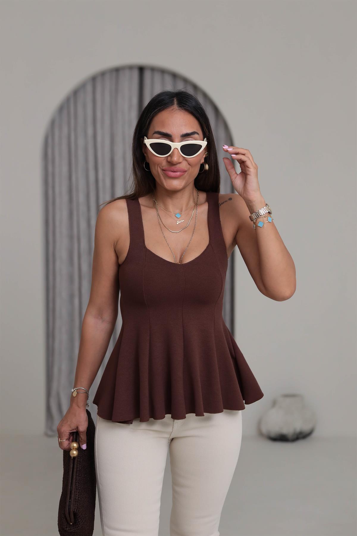 1973 Örme Kalın Askılı Peplum Bluz KAHVE