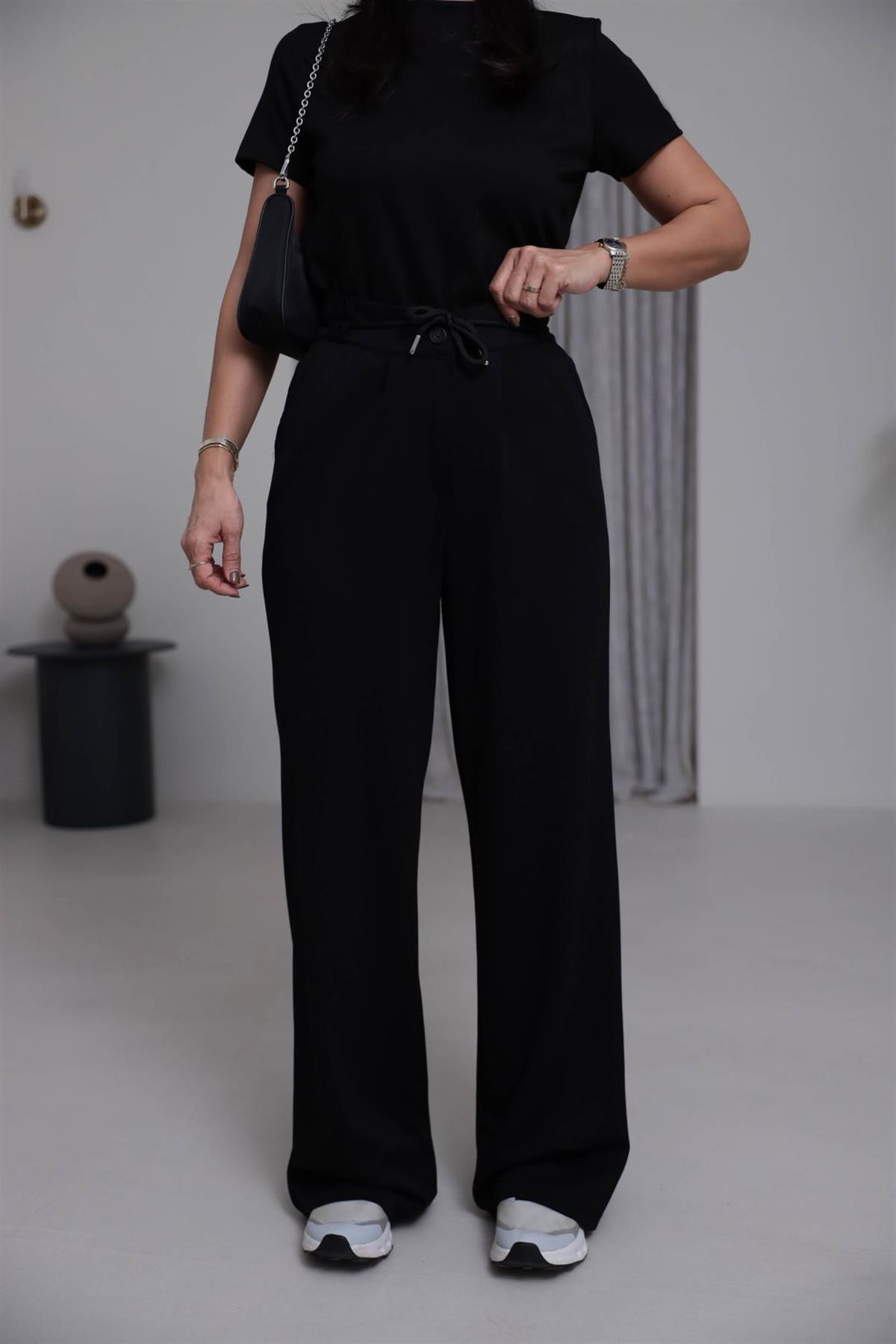 8009 Bel Lastikli İp Kemerli Oys Modal Pantolon SİYAH