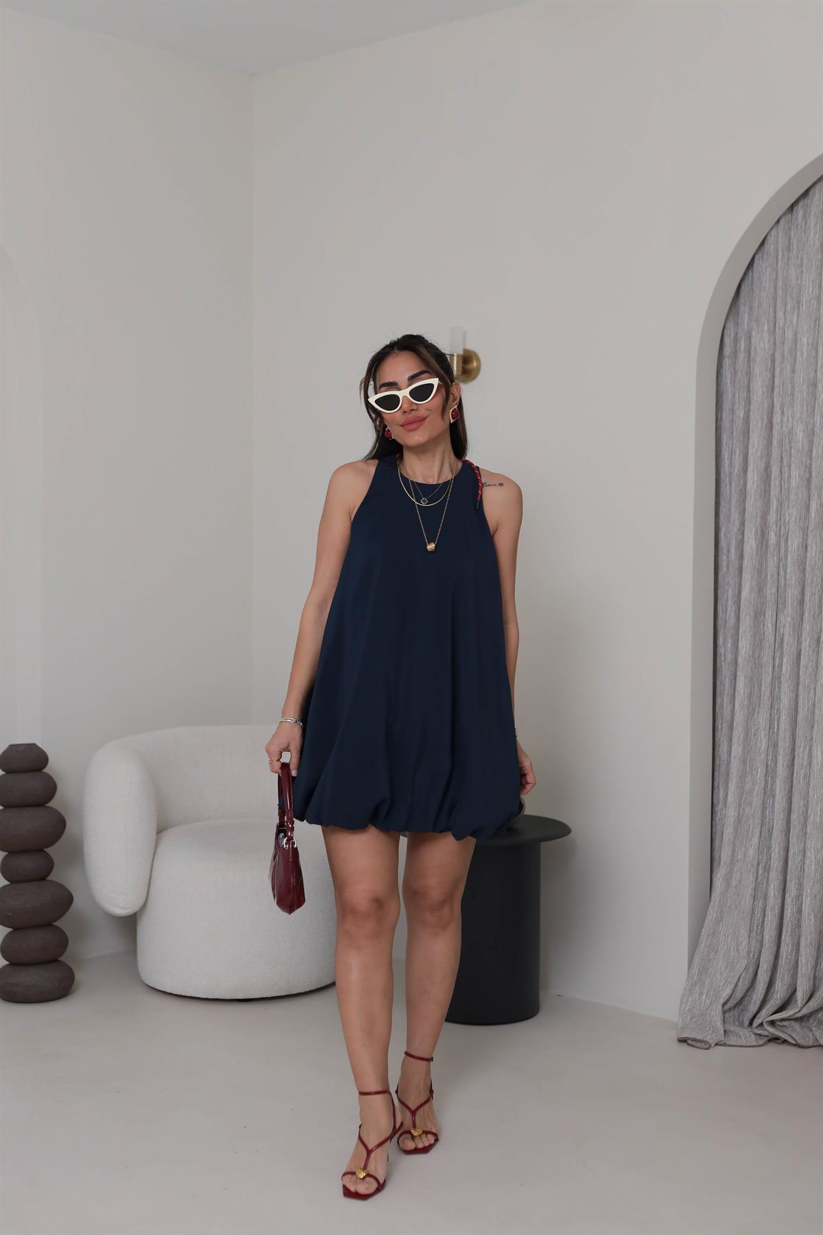 0211 Boyundan İp Bağlamalı Sıfır Kol Balon Elbise LACİVERT