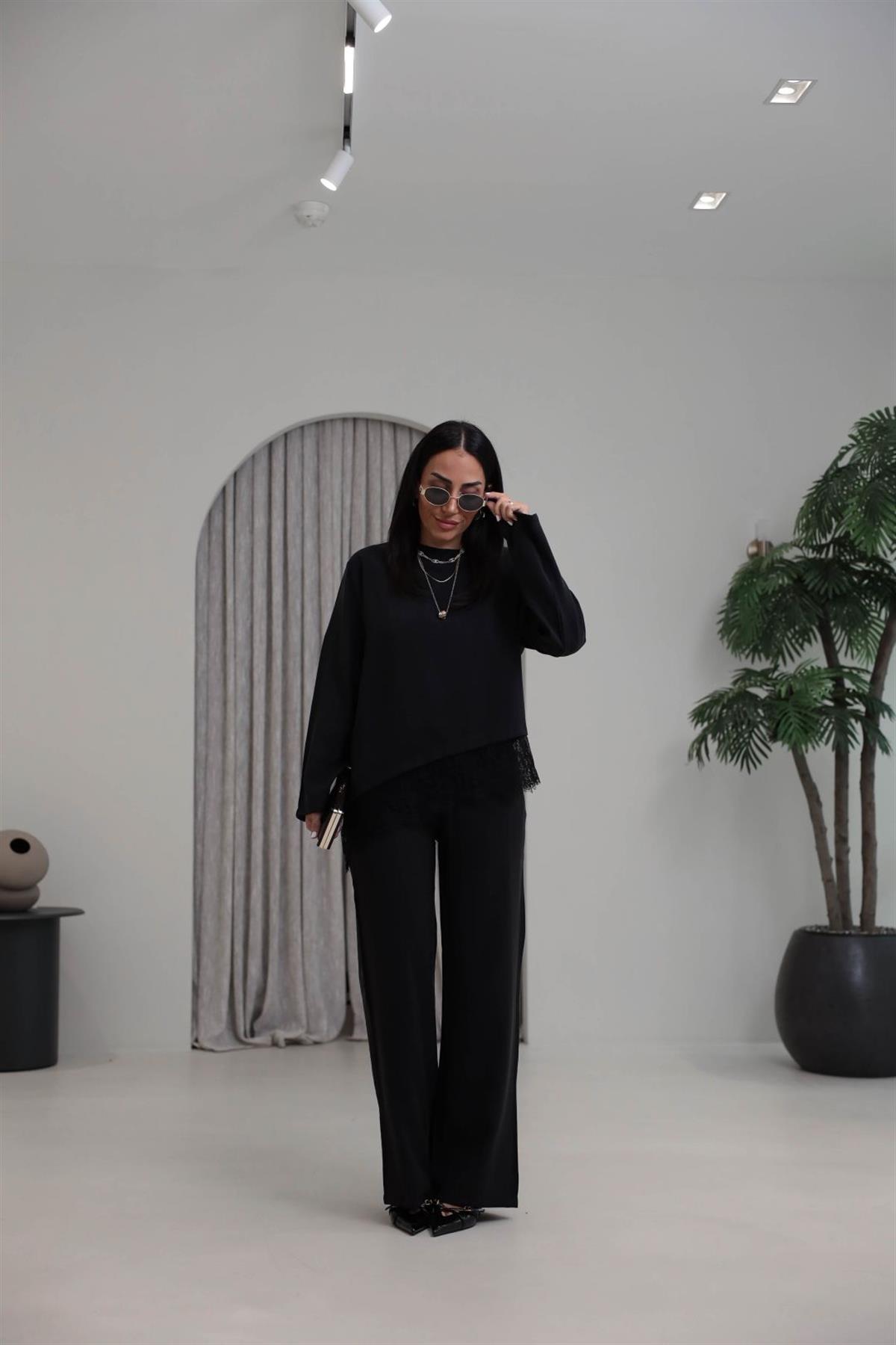 7308 Dantelli Tencel Modal Takım SİYAH