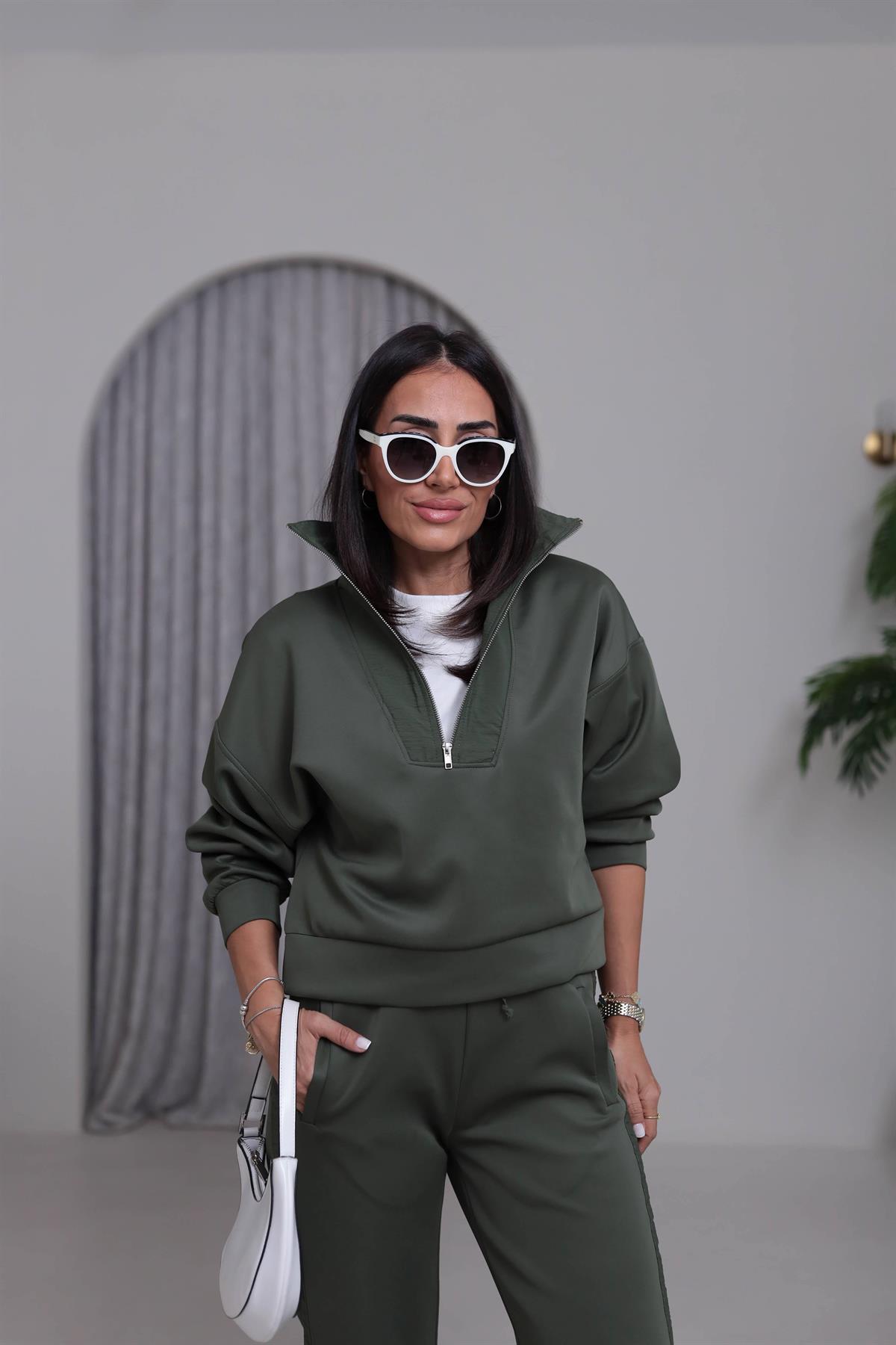 2624 Paraşüt Detaylı Yarım Fermuarlı Scuba Takım HAKİ YEŞİL