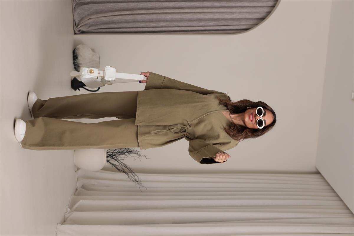 8629 Duble Kol Önden Bağlamalı Ceket & Pantolon Takım HAKİ YEŞİL