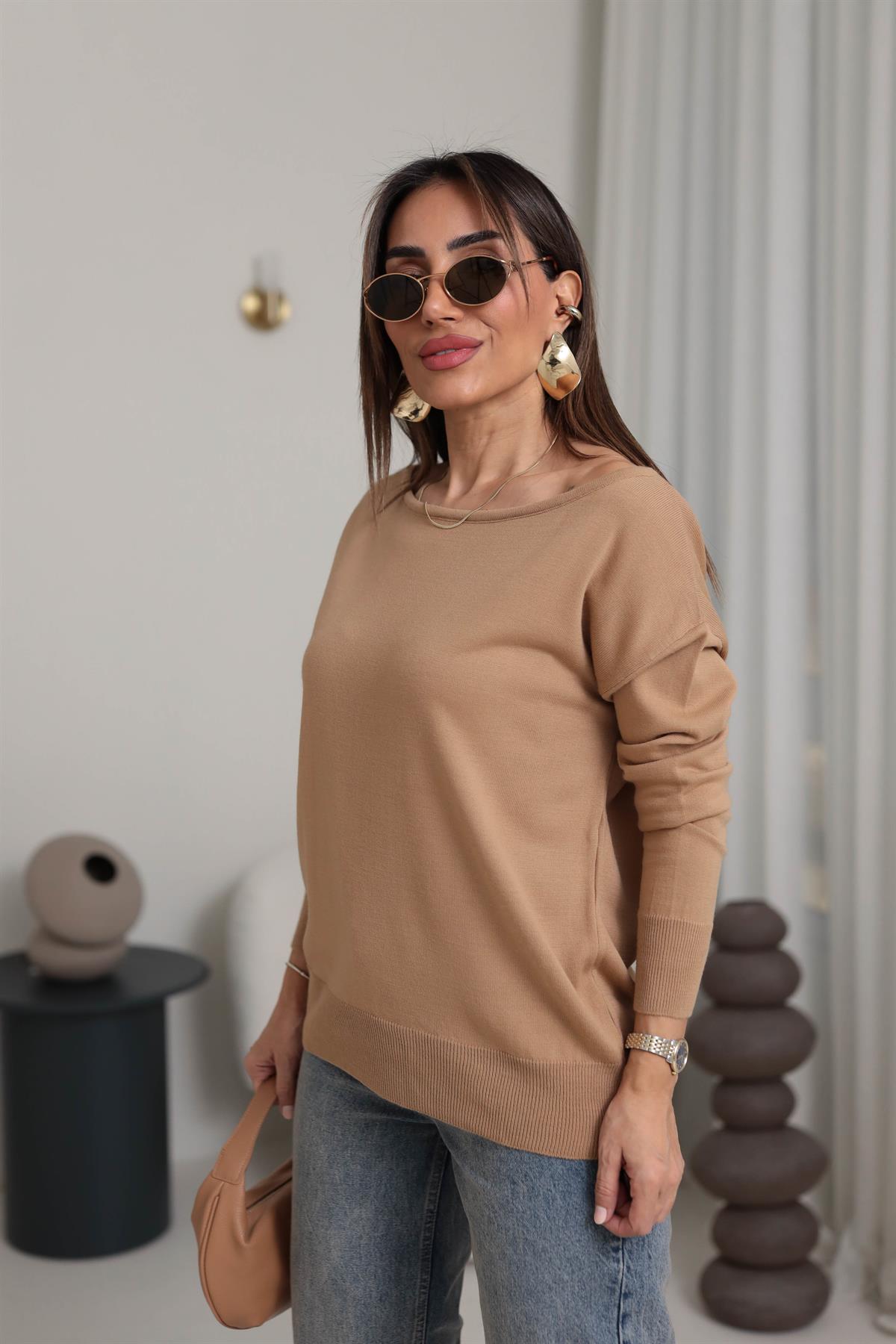 0734 Kayık Yaka T Kol Triko CAMEL