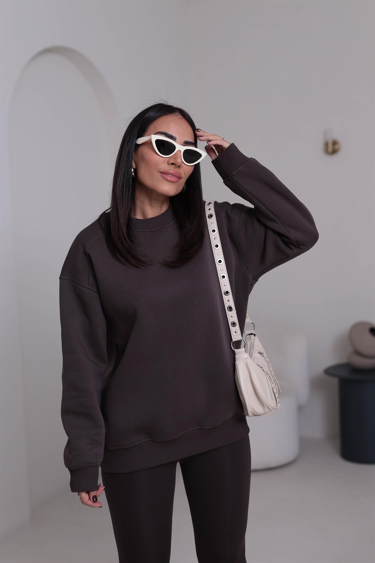 7912 Bisiklet Yaka Şardonlu Sweatshirt ACI KAHVE