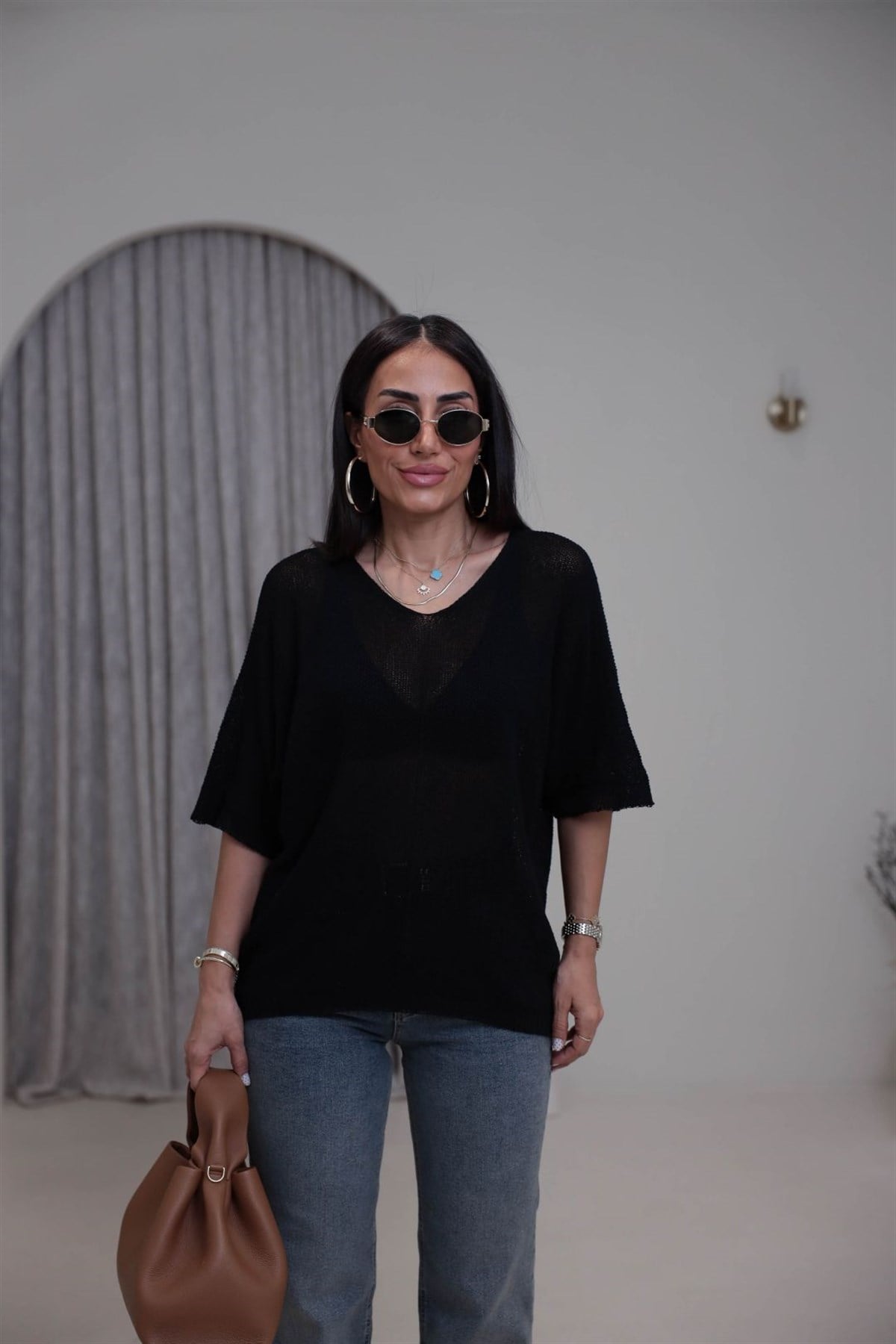 0174 Ajurlu Yarasa Kol Bluz SİYAH
