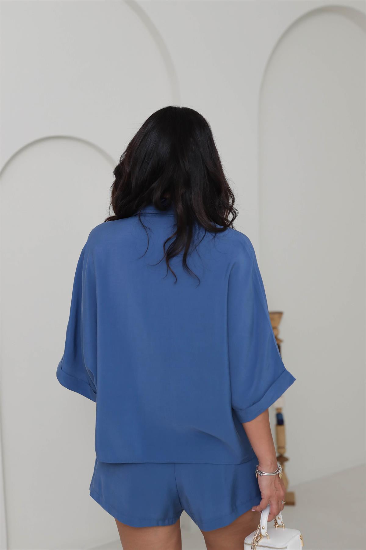 513 Tencel Düşük Omuz Gömlekli Şort Takım Indigo