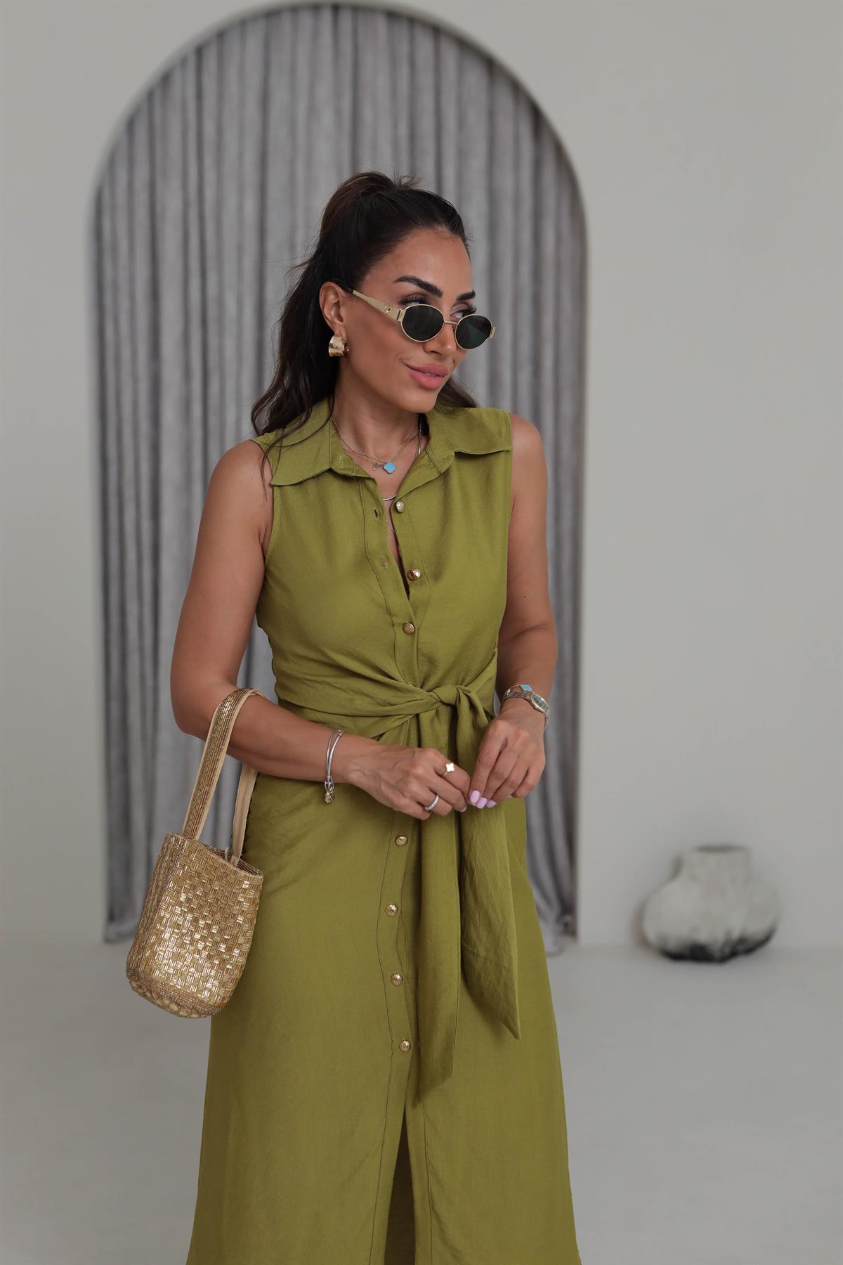 3789 Bel Bağlama Detay Gömlek Yaka Elbise OLİVE