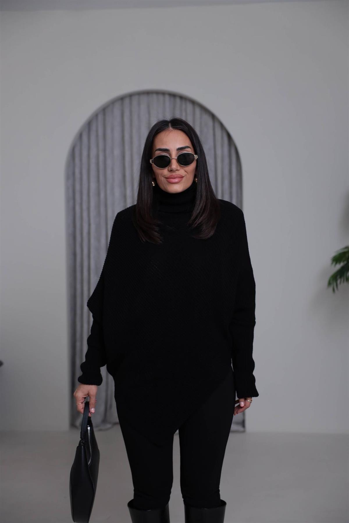 2574 Balıkçı Yaka Asimetrik Triko Kazak SİYAH