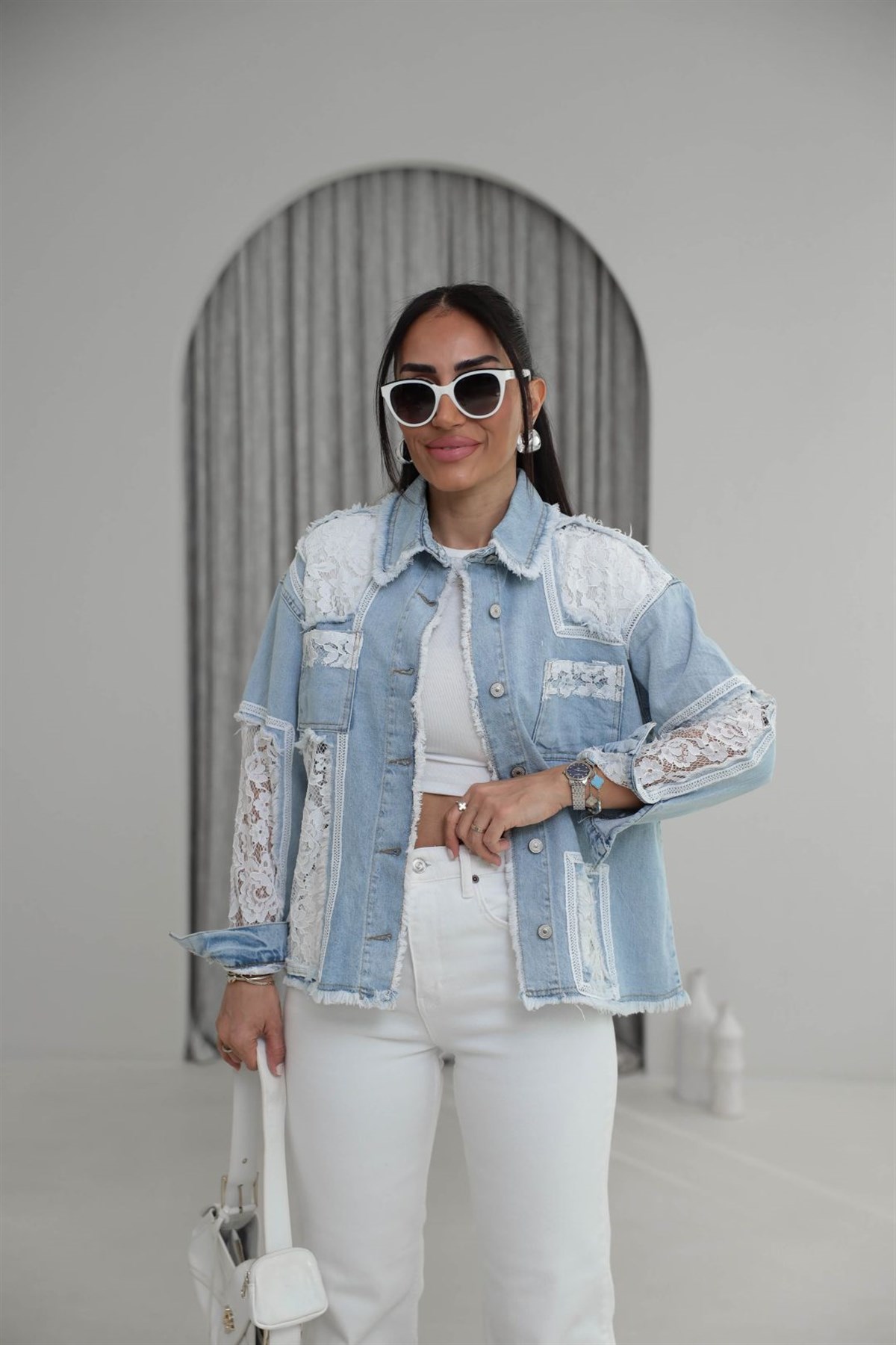 2881 Dantel Garnili Püsküllü Kot Ceket BUZ MAVİ