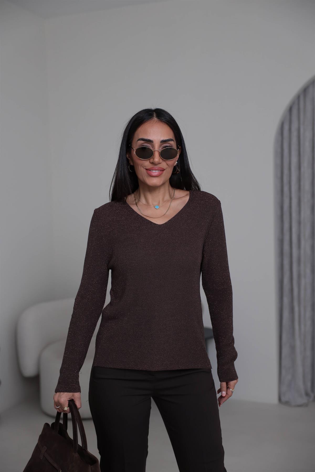 152 V Yaka Simli Viskon Triko Bluz KAHVE