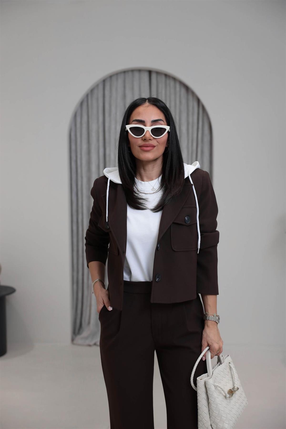 5904 Çıkarılabilir Kapşonlu Ceket Pantolon Takım KAHVE