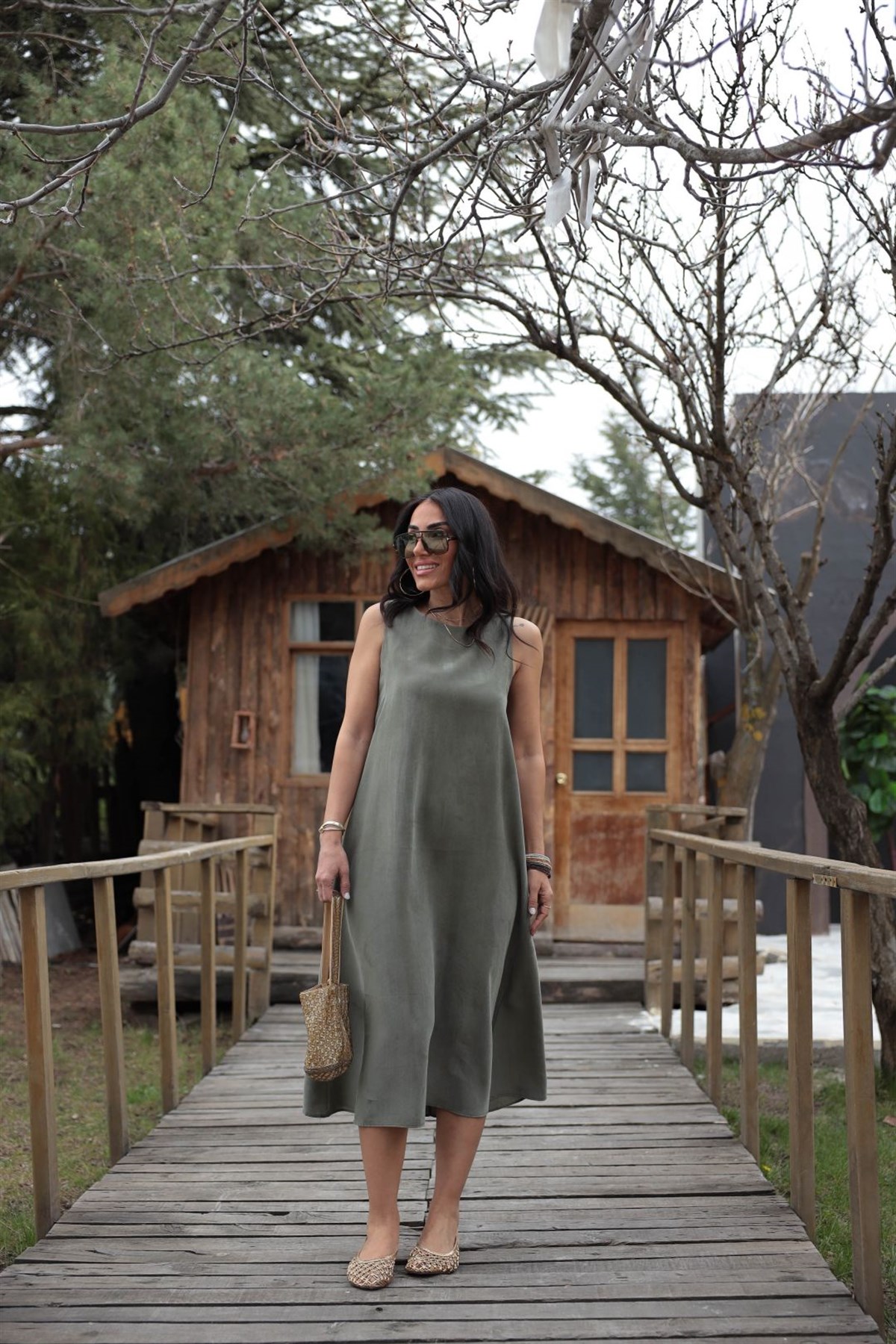 5007 Sıfır Kol Tencel Uzun Elbise HAKİ YEŞİL