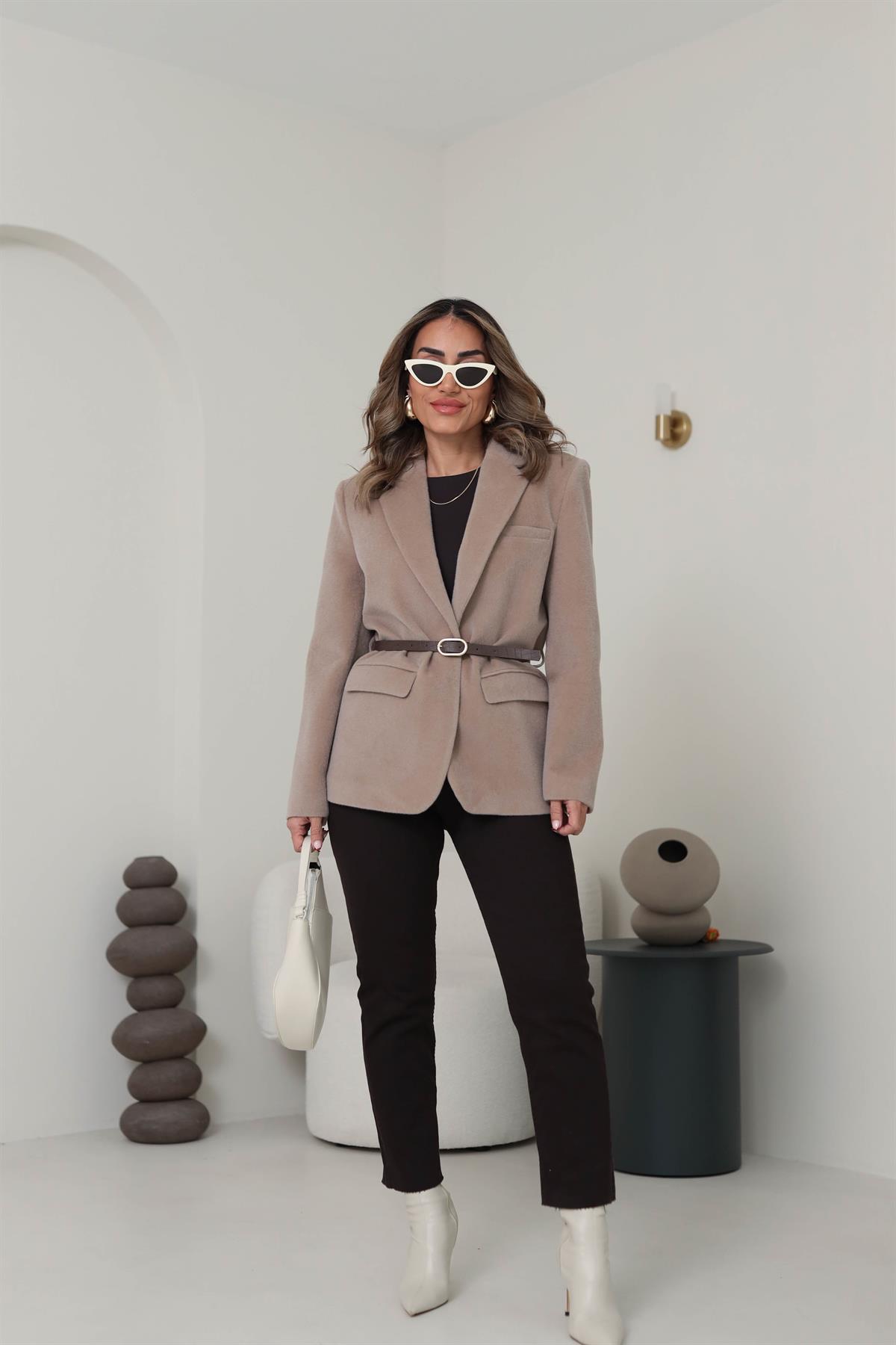 9490 Alpaka Kemerli Ceket Mont VİZON