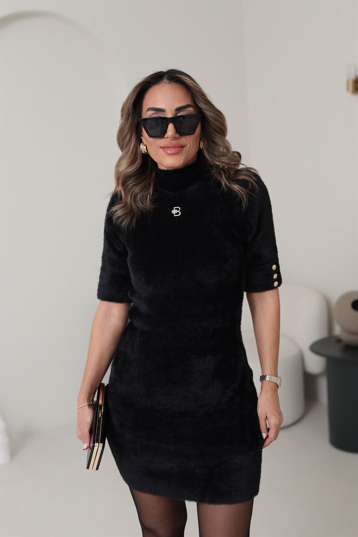 0221 Angora Taşlı Kısa Kollu Elbise SİYAH
