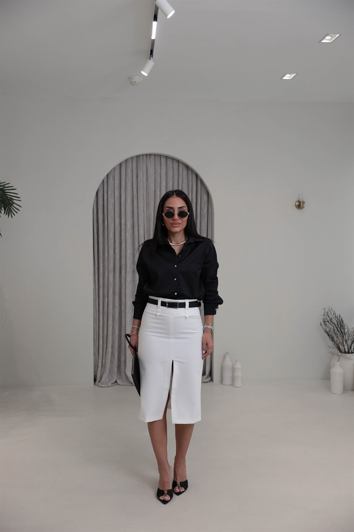 7607 Ön Yırtmaçlı Kalem Etek BEYAZ