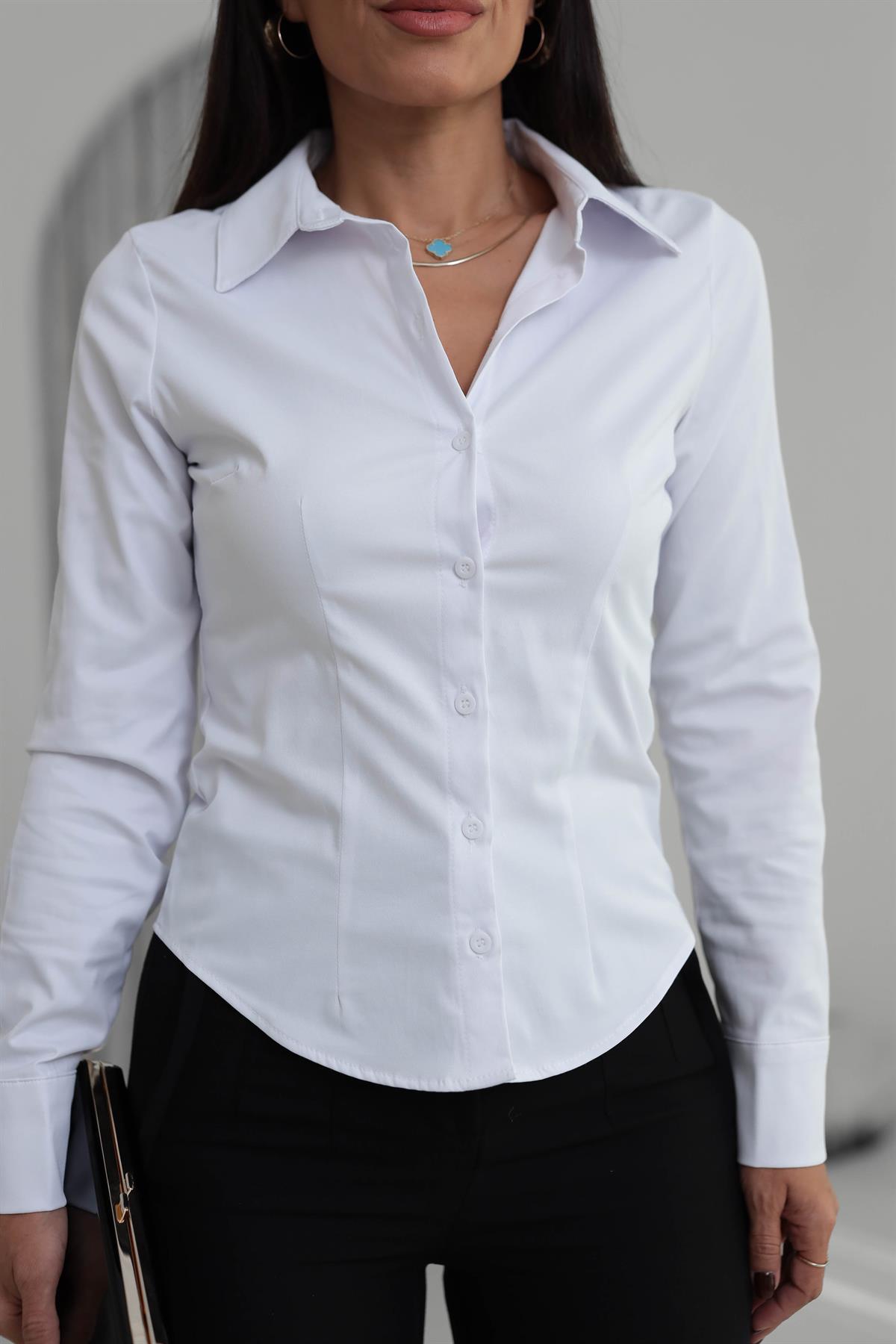 4897 Likralı Gömlek BEYAZ