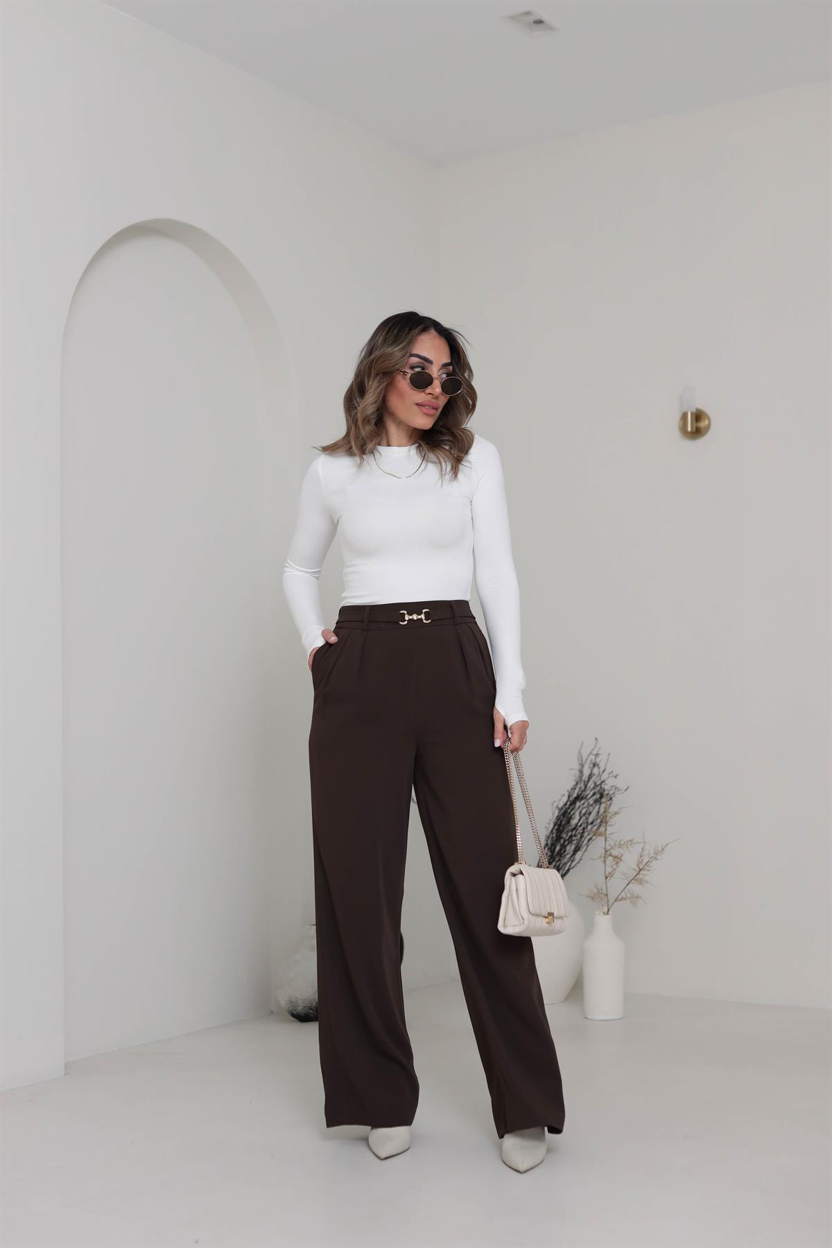 3704 Gold Aksesuarlı Bel Lastikli Salaş Pantolon KAHVE