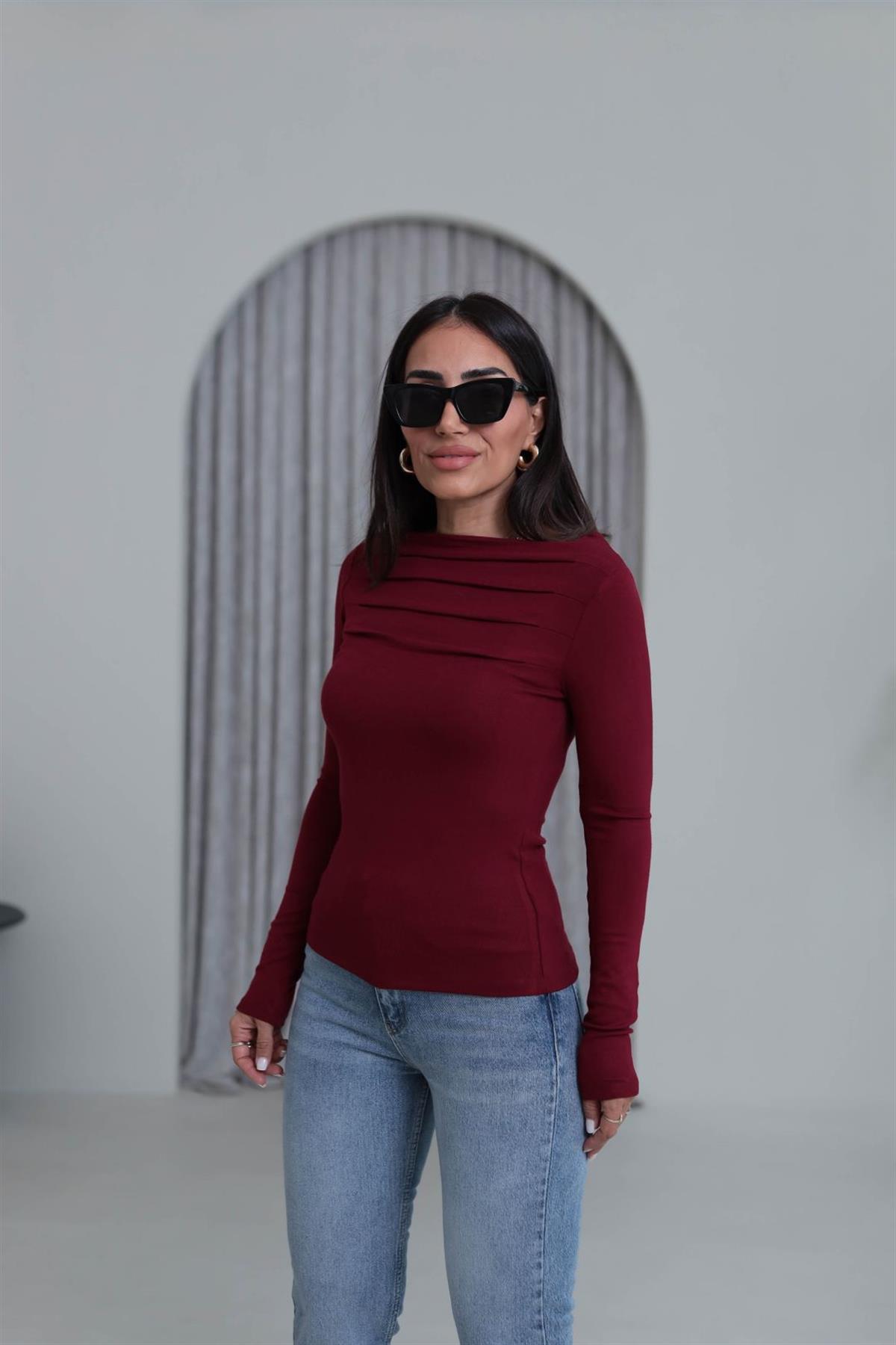 6504 Önü Pileli Viskon Bluz BORDO