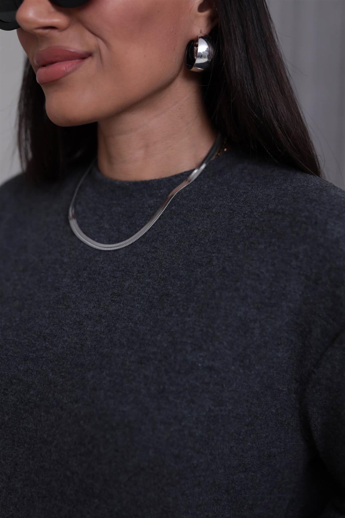 5249 Double Kol Bisiklet Yaka Yumoş Bluz ANTRASİT