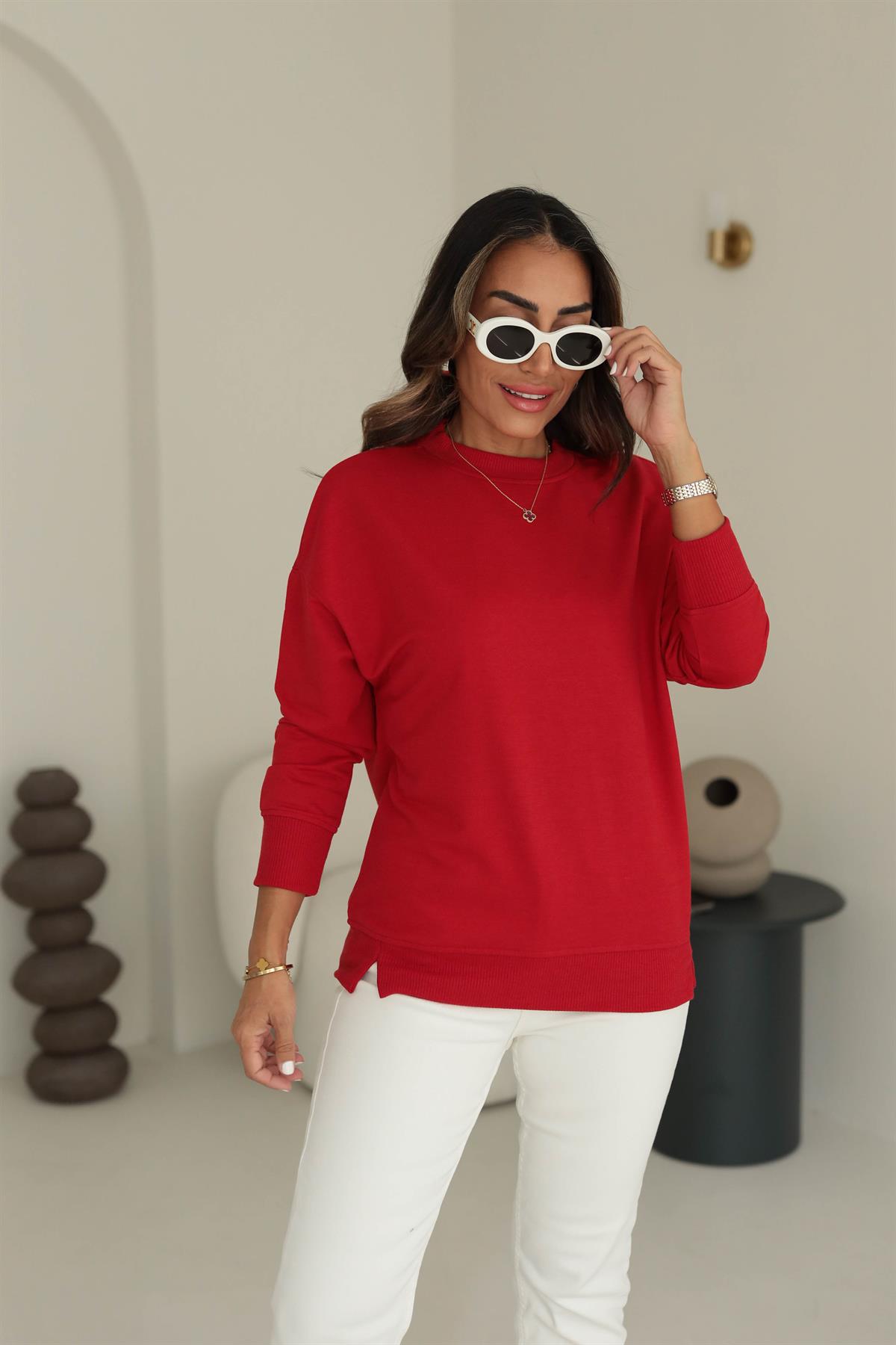 9002 Düz Basic Sweatshirt KIRMIZI