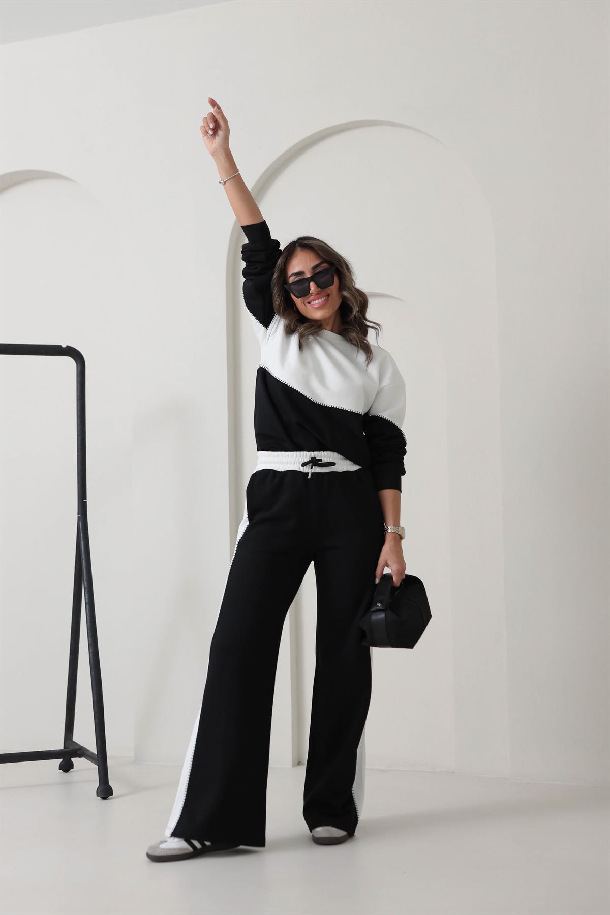 6798 Kroşeteli Üç İplik Eşofman Takımı SİYAHBEYAZ