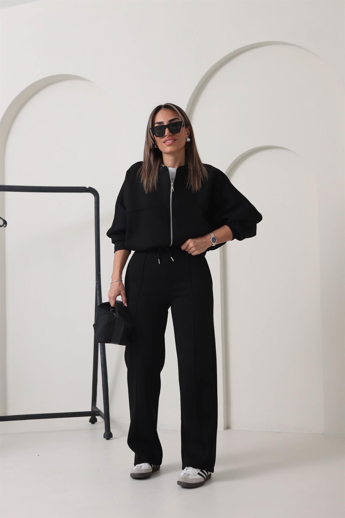 Fermuarlı Çimalı 3iplik Şardonlu Takım SİYAH