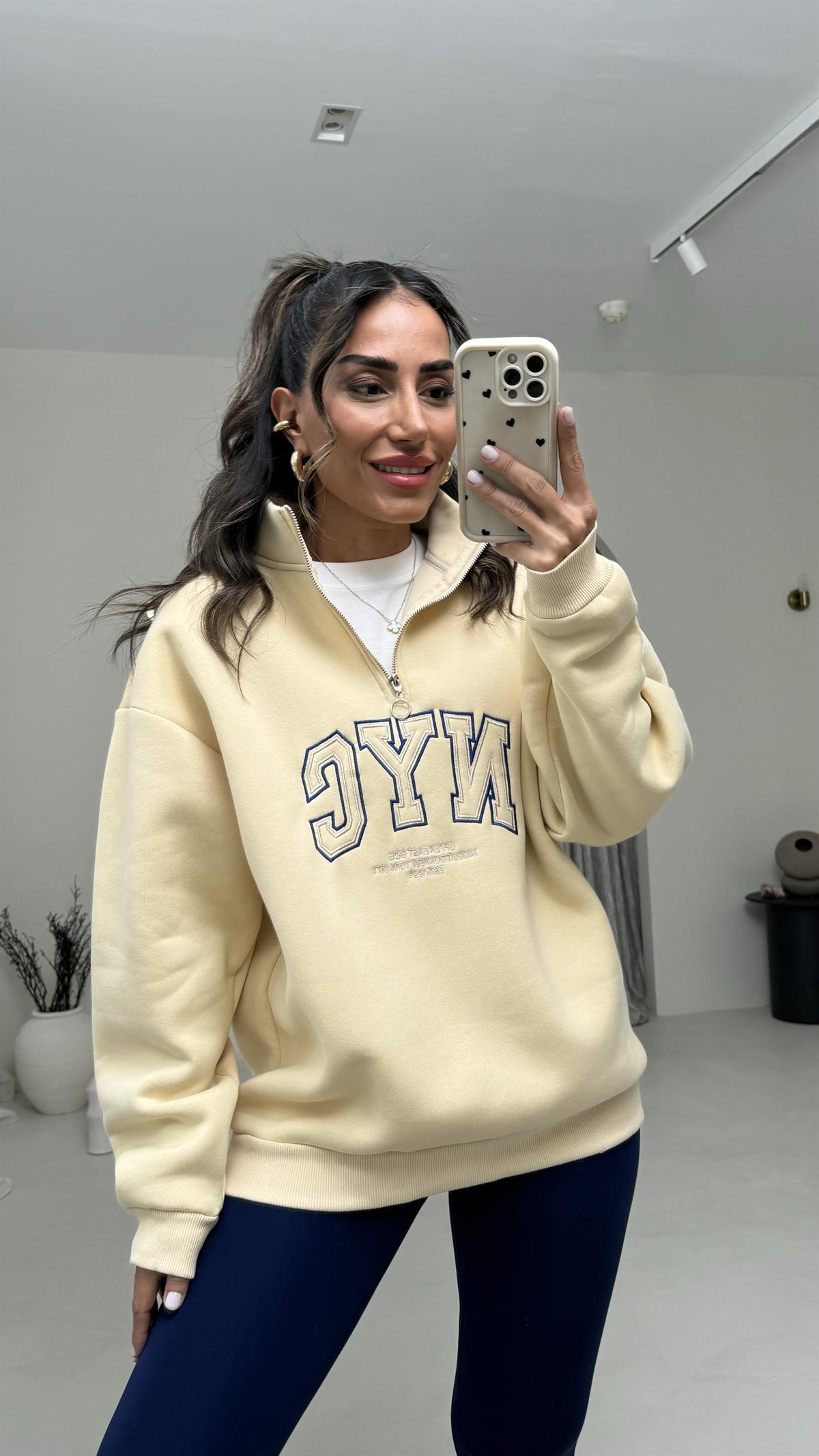 5002 Yarı Fermuarlı Baskılı Sweatshirt