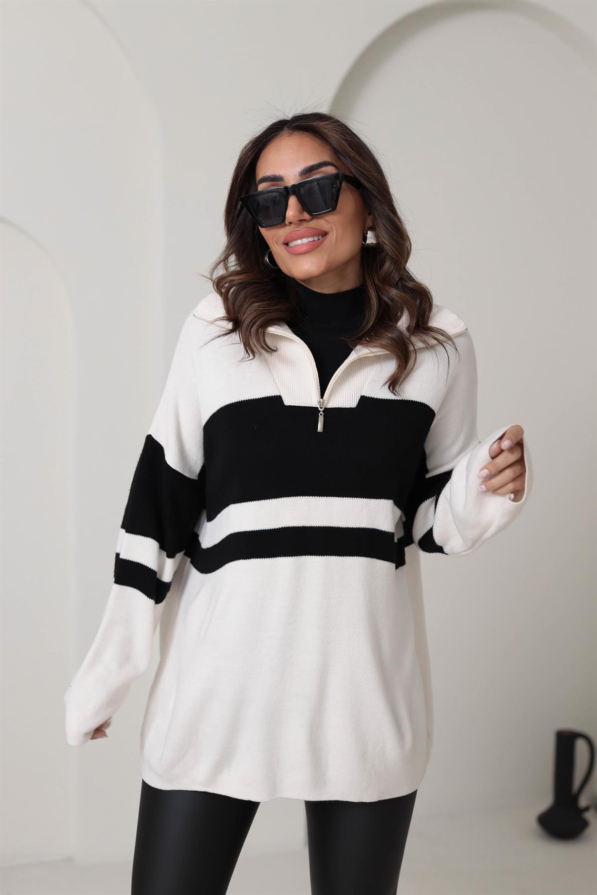 0011 Büyük Çizgili Fermuarlı Tunik Kazak KREM-SİYAH