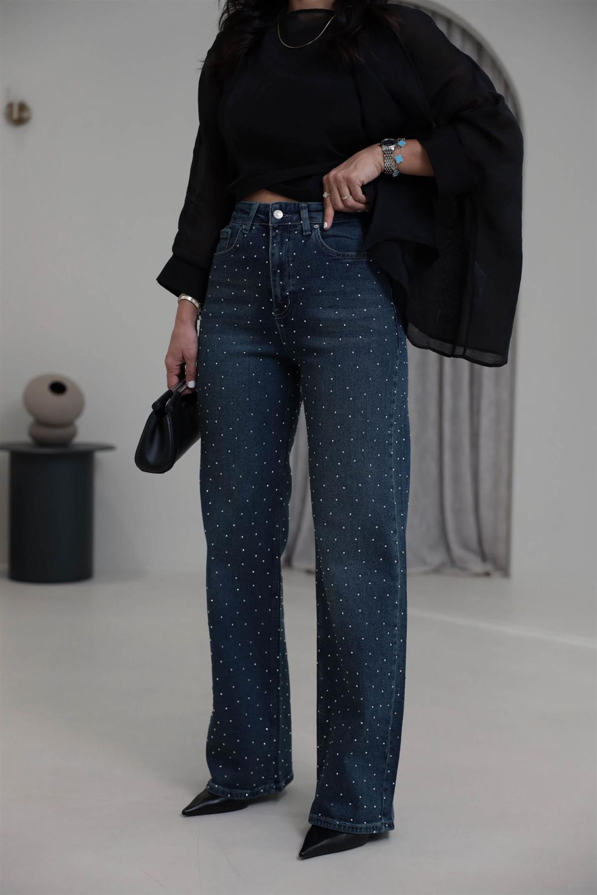 1071T Serpme Taşlı Likralı Palazzo Jean KOYU TİNTLİ