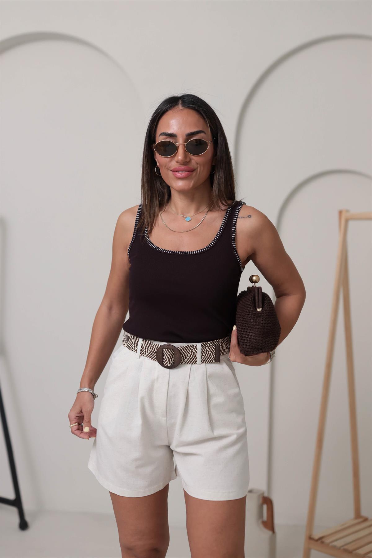 Süs Dikiş Detay İpek Triko Atlet KAHVE