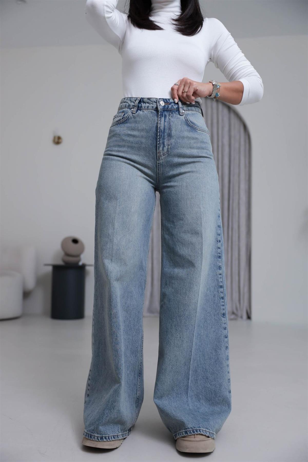 D916 Yüksek Bel Pamuklu Palazzo Jean TİNTLİ MAVİ