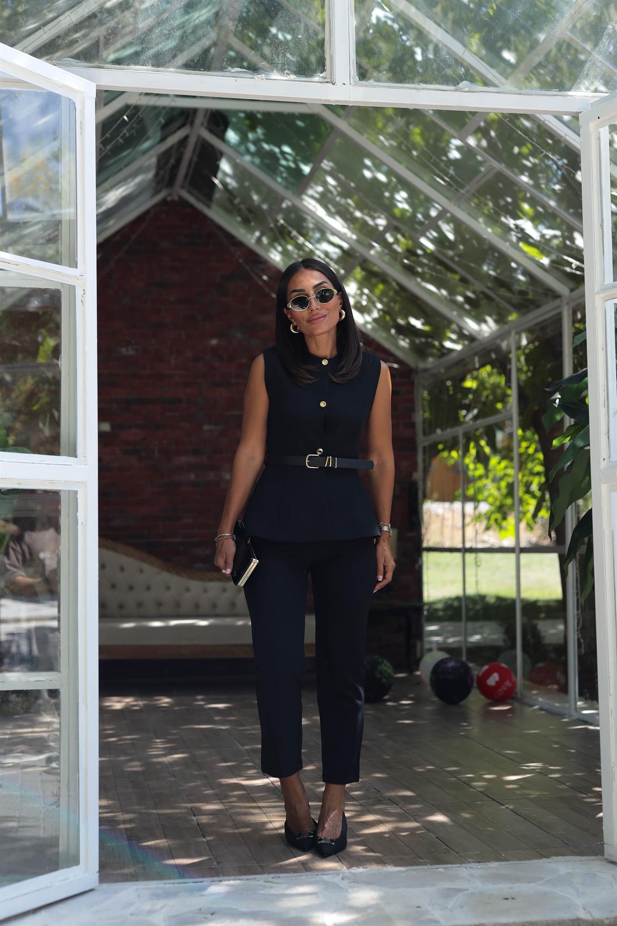 7195 Kemerli Yelekli Double Takım SİYAH