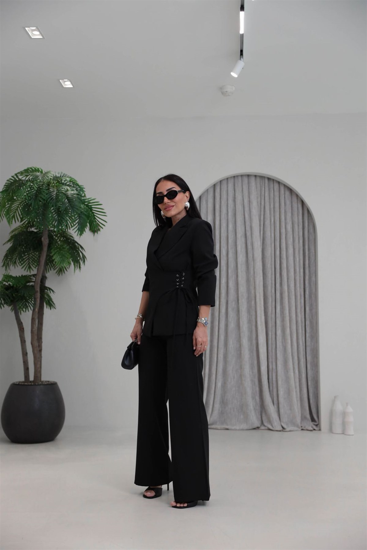 9295 Yandan Kuşgözü Bağlama Detaylı Ceket Pantolon Takım SİYAH