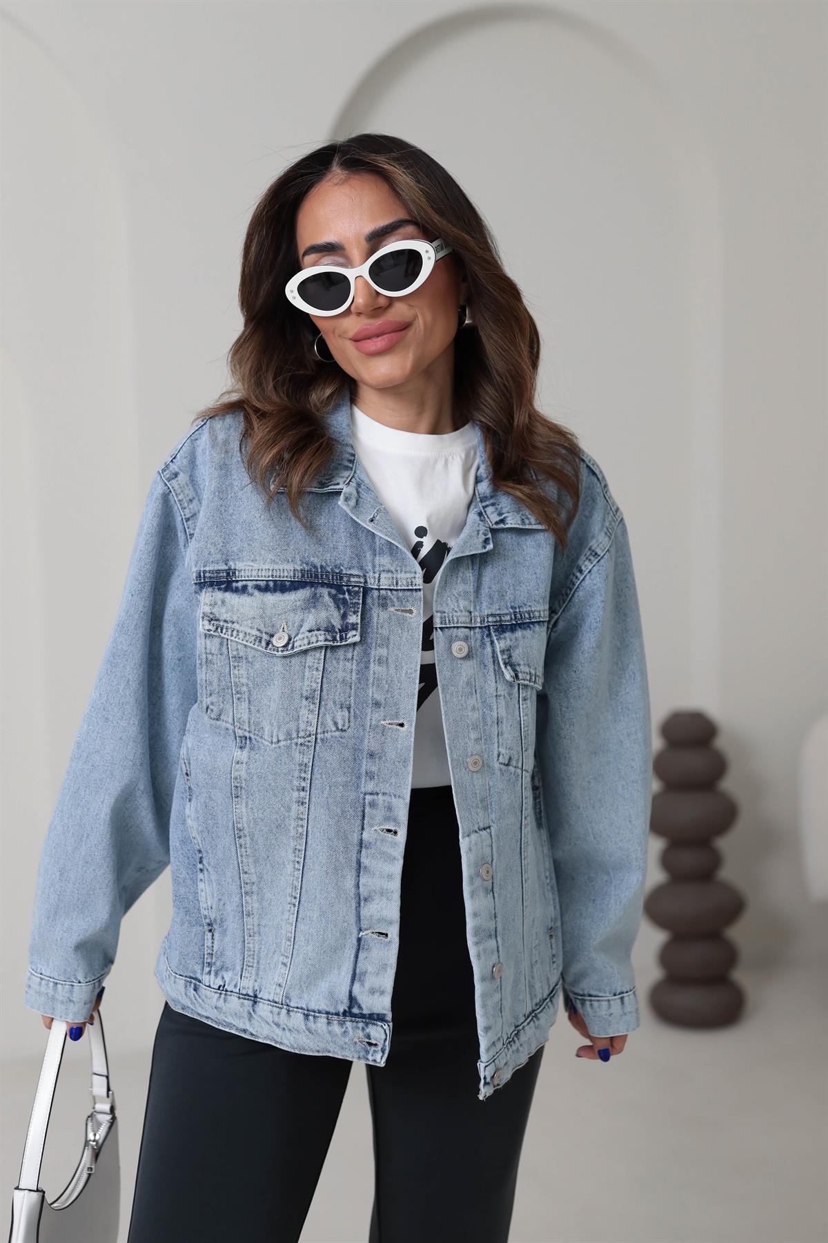 3539 Kapaklı Cep Detay Oversize Kot Ceket AÇIK MAVİ