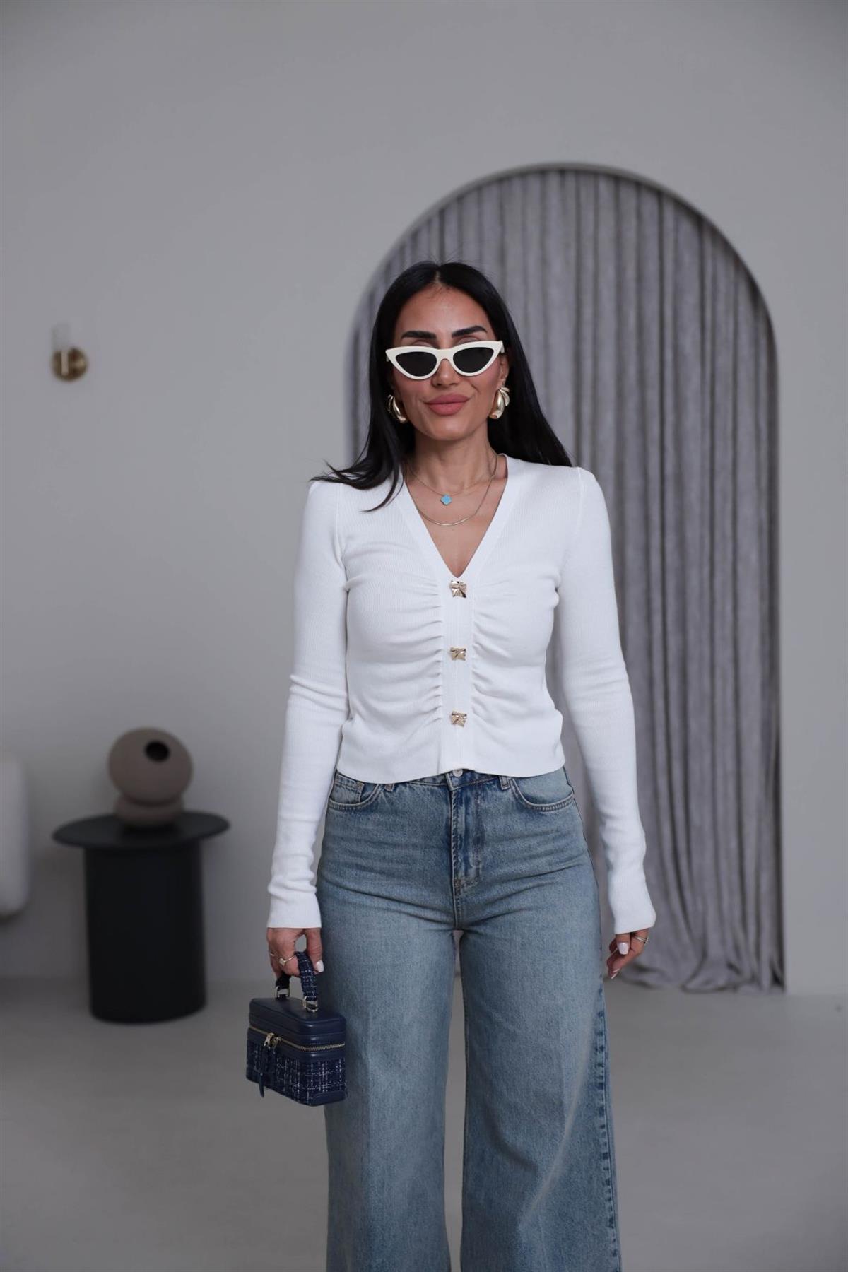 0805 Önü Büzgülü Düğme Detaylı Korsman Triko EKRU