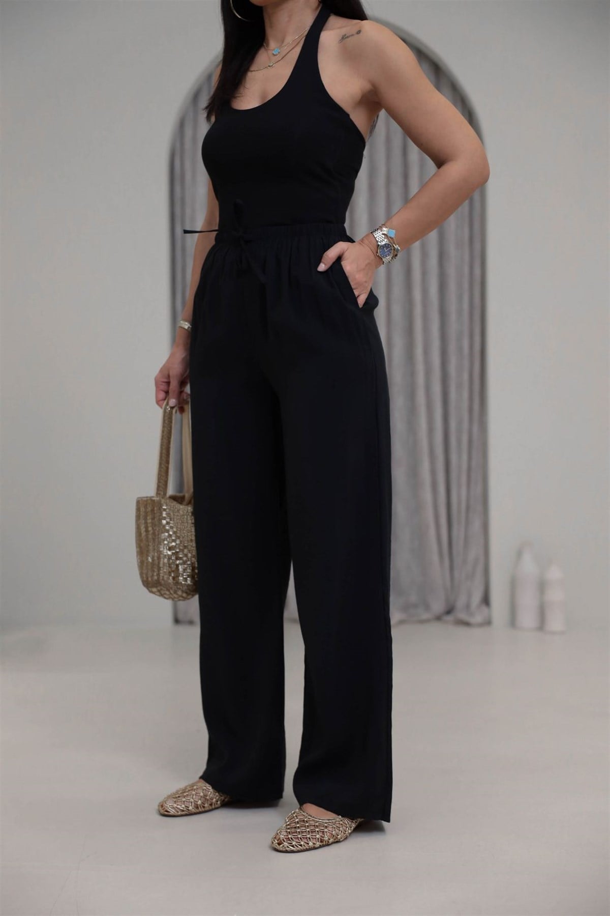 9819 Beli Bağcıklı Cupra Pantolon SİYAH