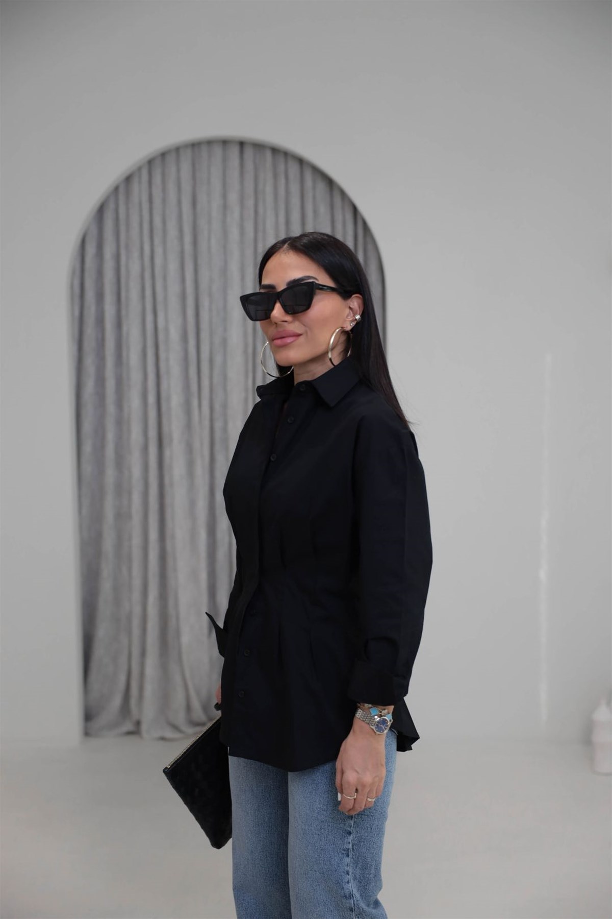 3013 Belden Oturtmalı Poplin Gömlek SİYAH