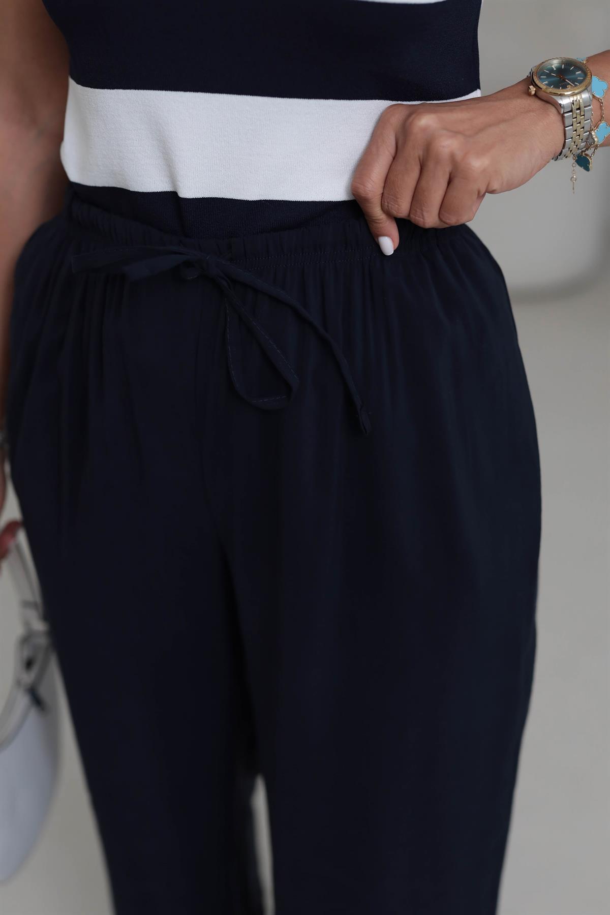 8002 Beli Lastikli Bağcıklı Tencel Pantolon LACİVERT