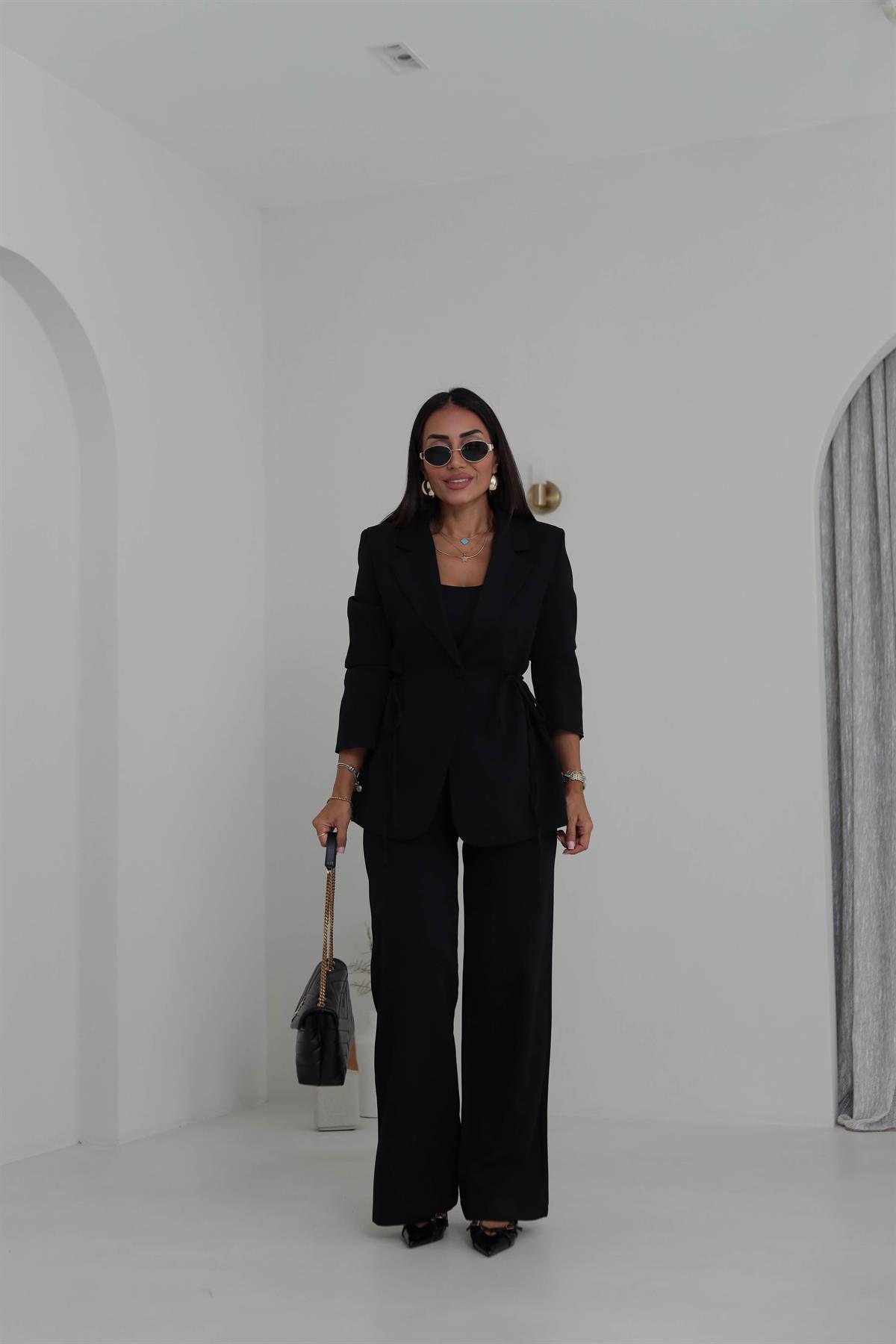 9241 Bağlamalı Oversize Ceketli Takım SİYAH