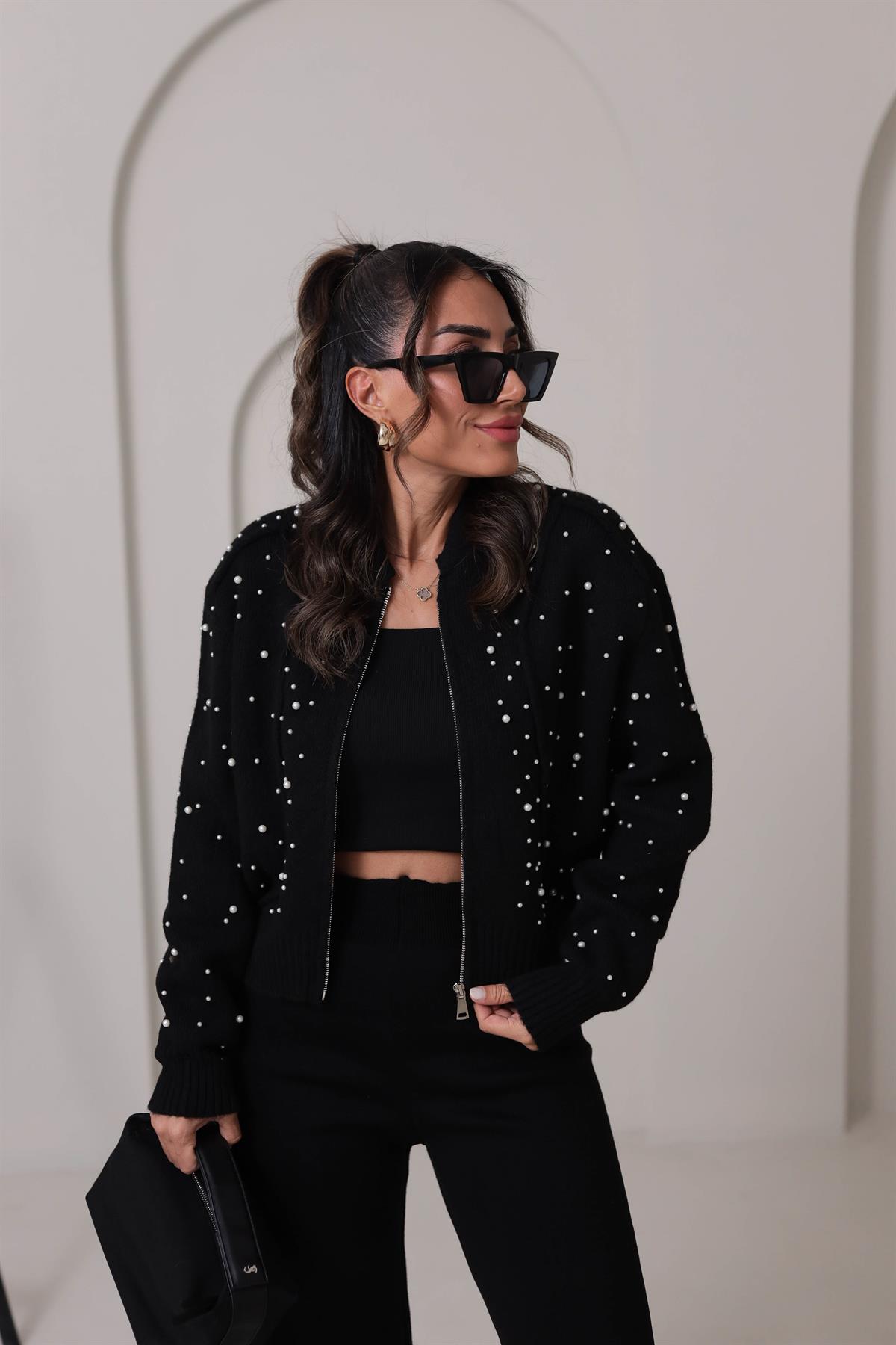 2238 İnci Detay Triko Bomber Ceket