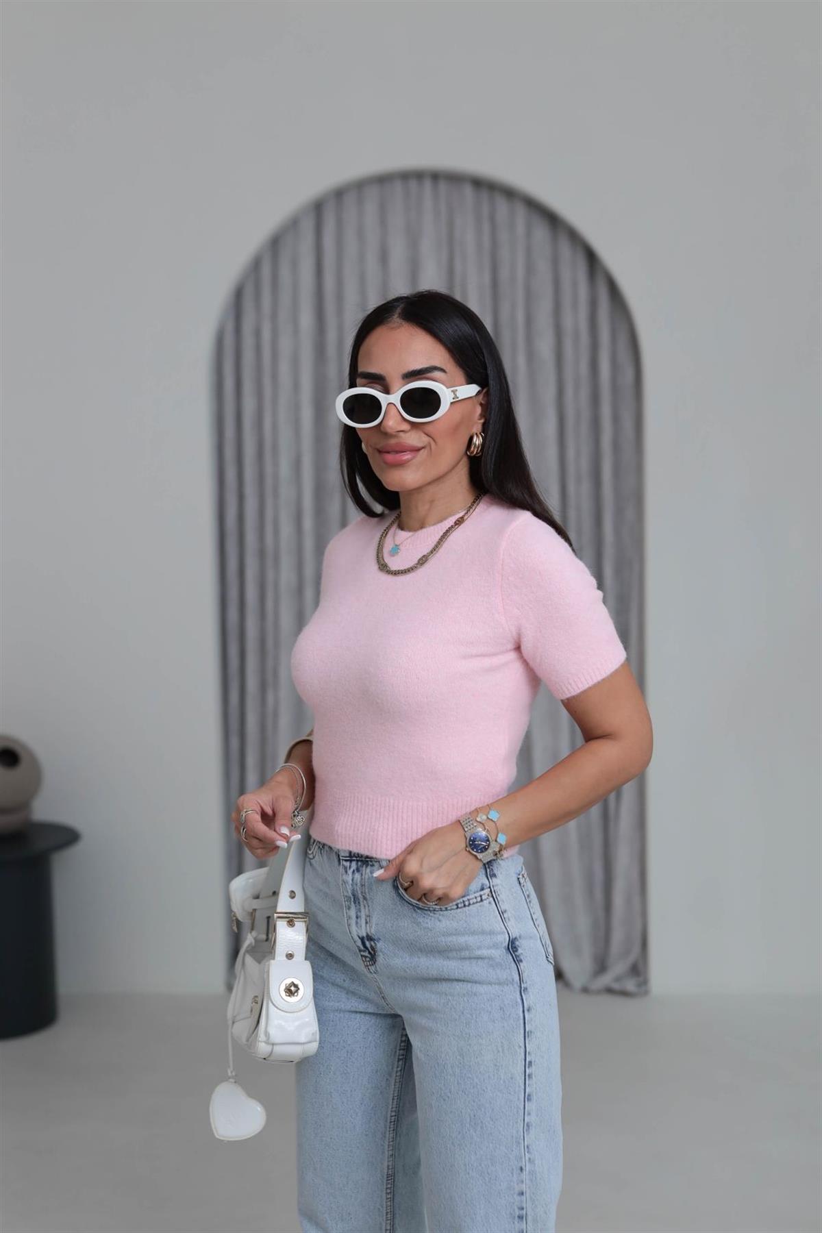 0651 Bisiklet Yaka Yumuşak Dokulu Kısa Kol Triko Kazak PEMBE