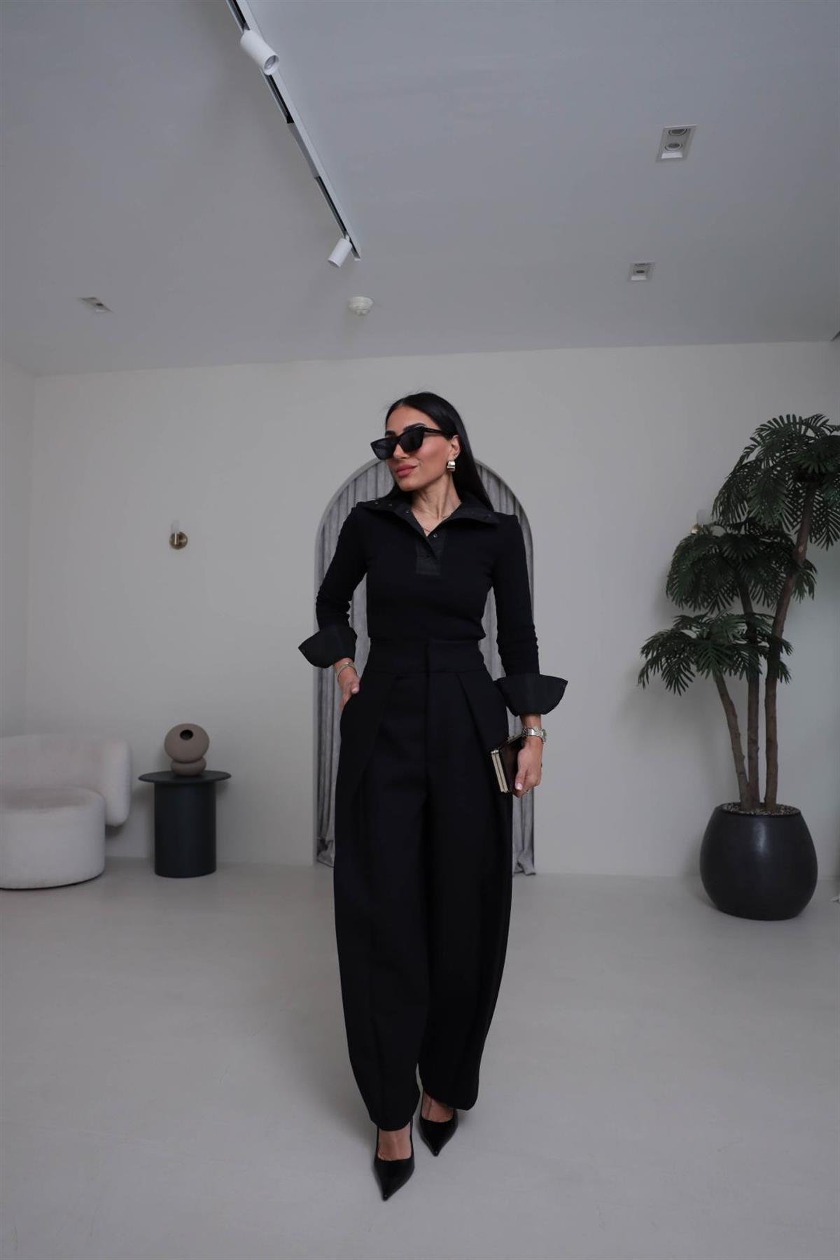 7358 Pileli Kumaş Pantolon SİYAH